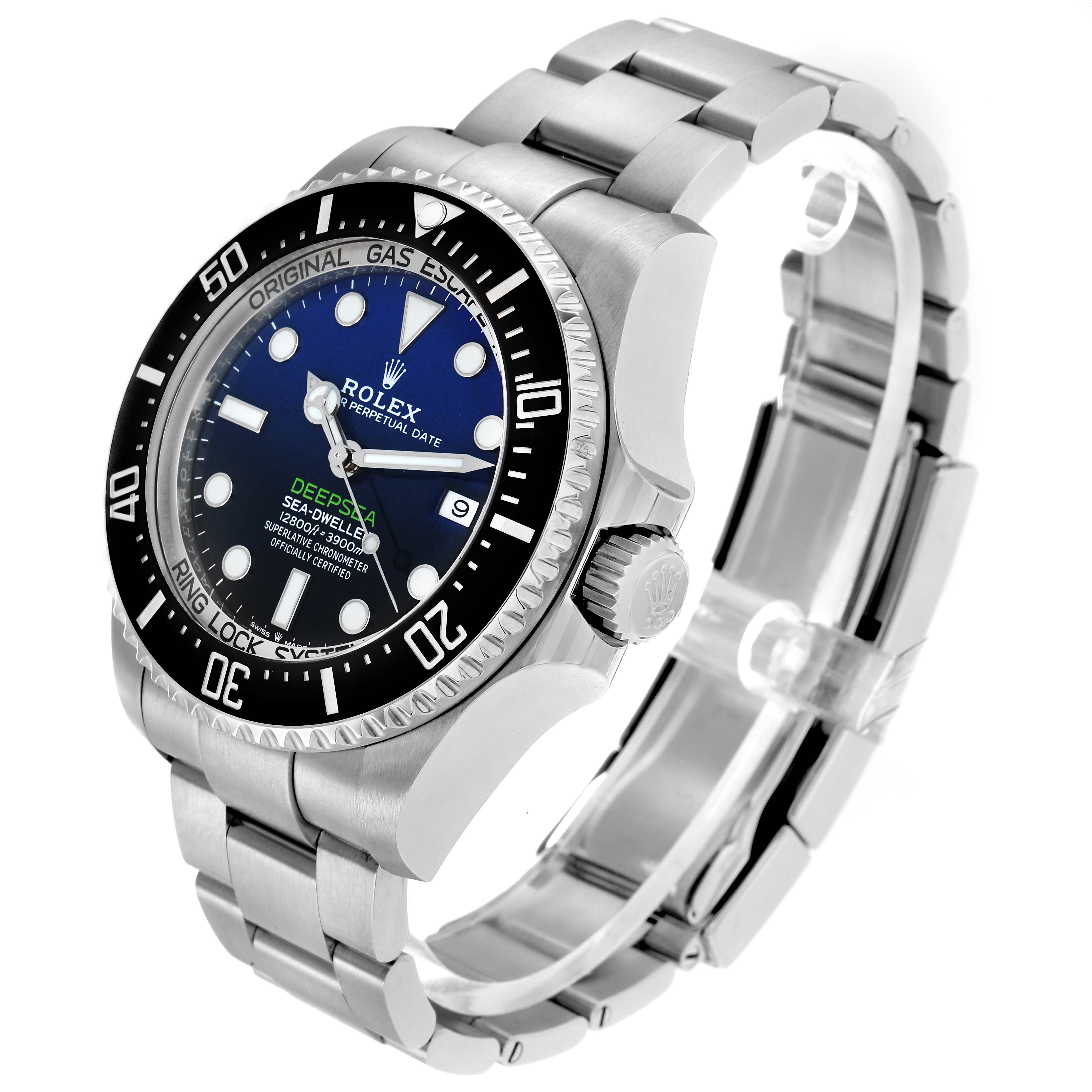 The Rolex Sea-Dweller 126660 Men
s Stainless Steel Blue Dial is shown at a three-quarter angle, highlighting the bezel, dial, crown, and bracelet.