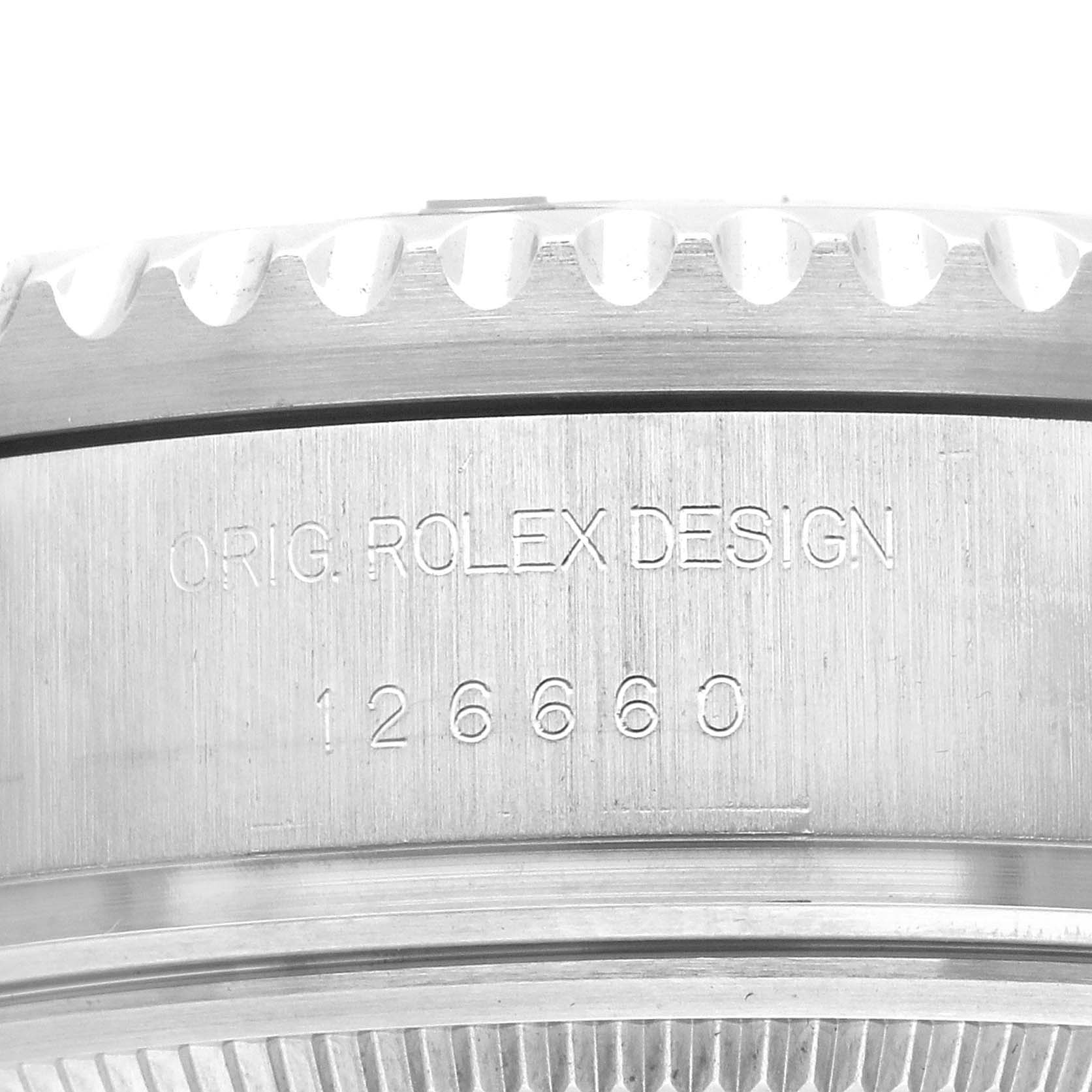 The image shows the side view of a Rolex Sea-Dweller 126660 Men
s Stainless Steel Blue Dial, featuring the engraved model number and original design details.