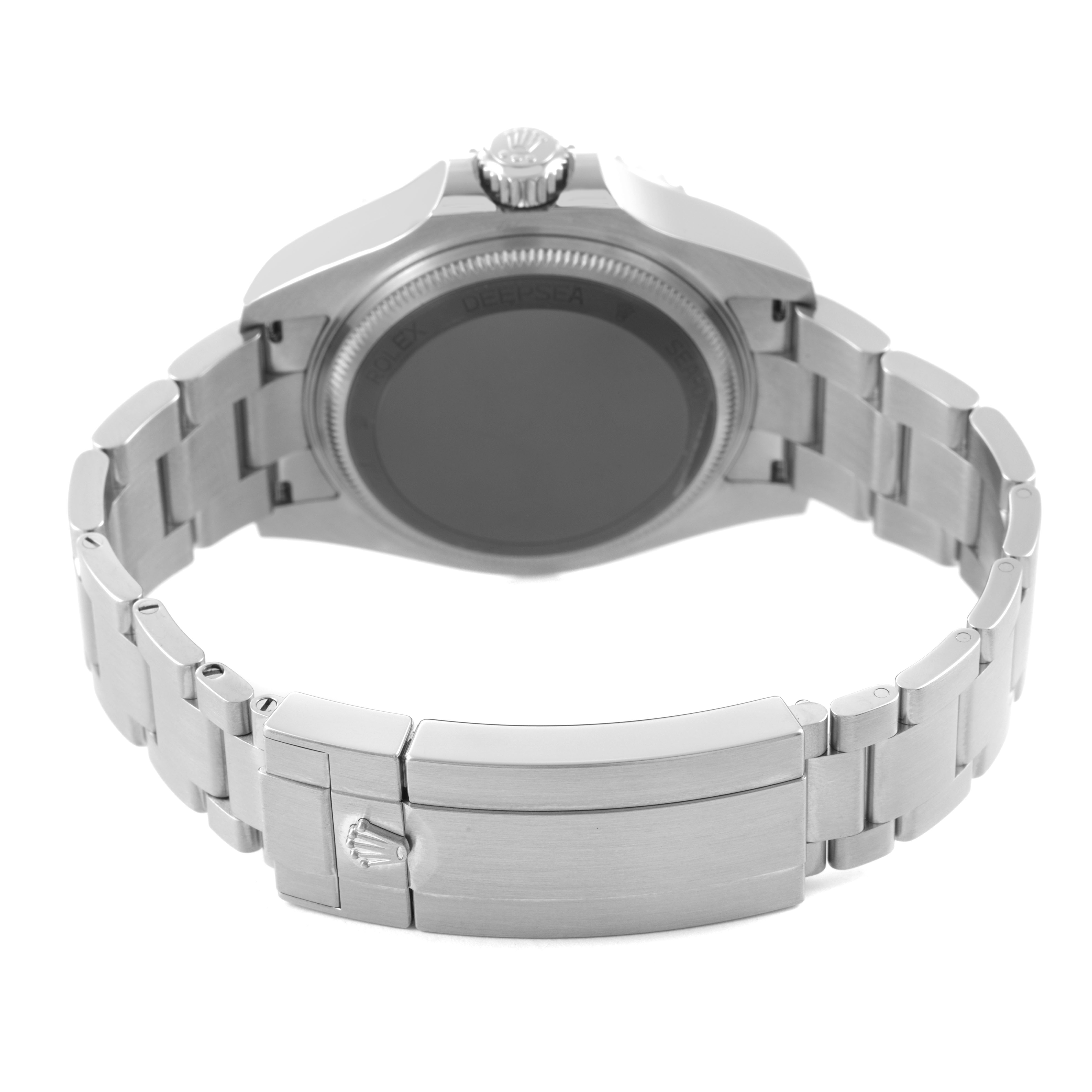 The Rolex Sea-Dweller 136660 Men's Stainless Steel Black Dial is shown from the back, highlighting the bracelet, clasp, and case back.