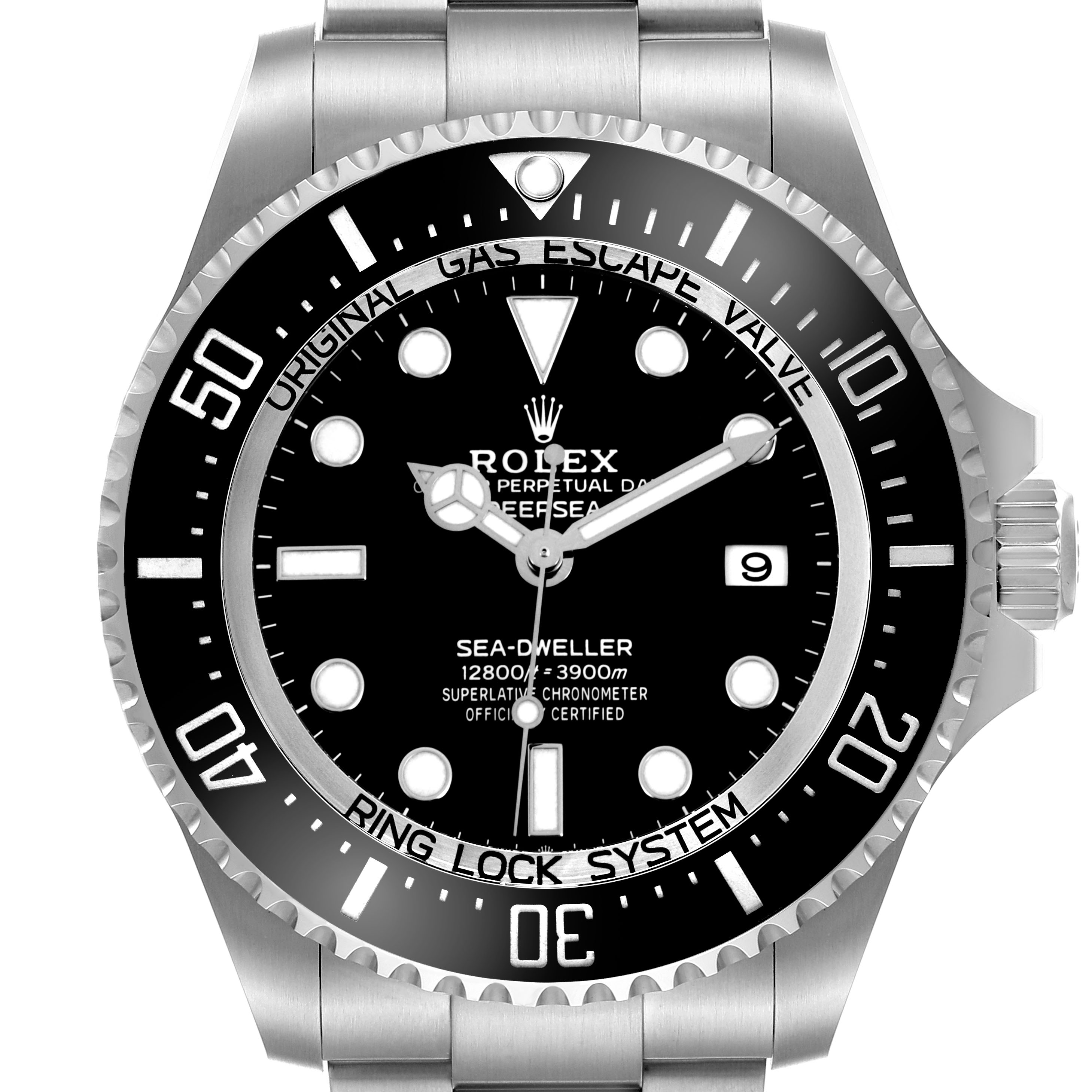 The image shows a frontal view of the Rolex Sea-Dweller 136660 Men's Stainless Steel Black Dial watch, highlighting the bezel, dial, hands, and bracelet.