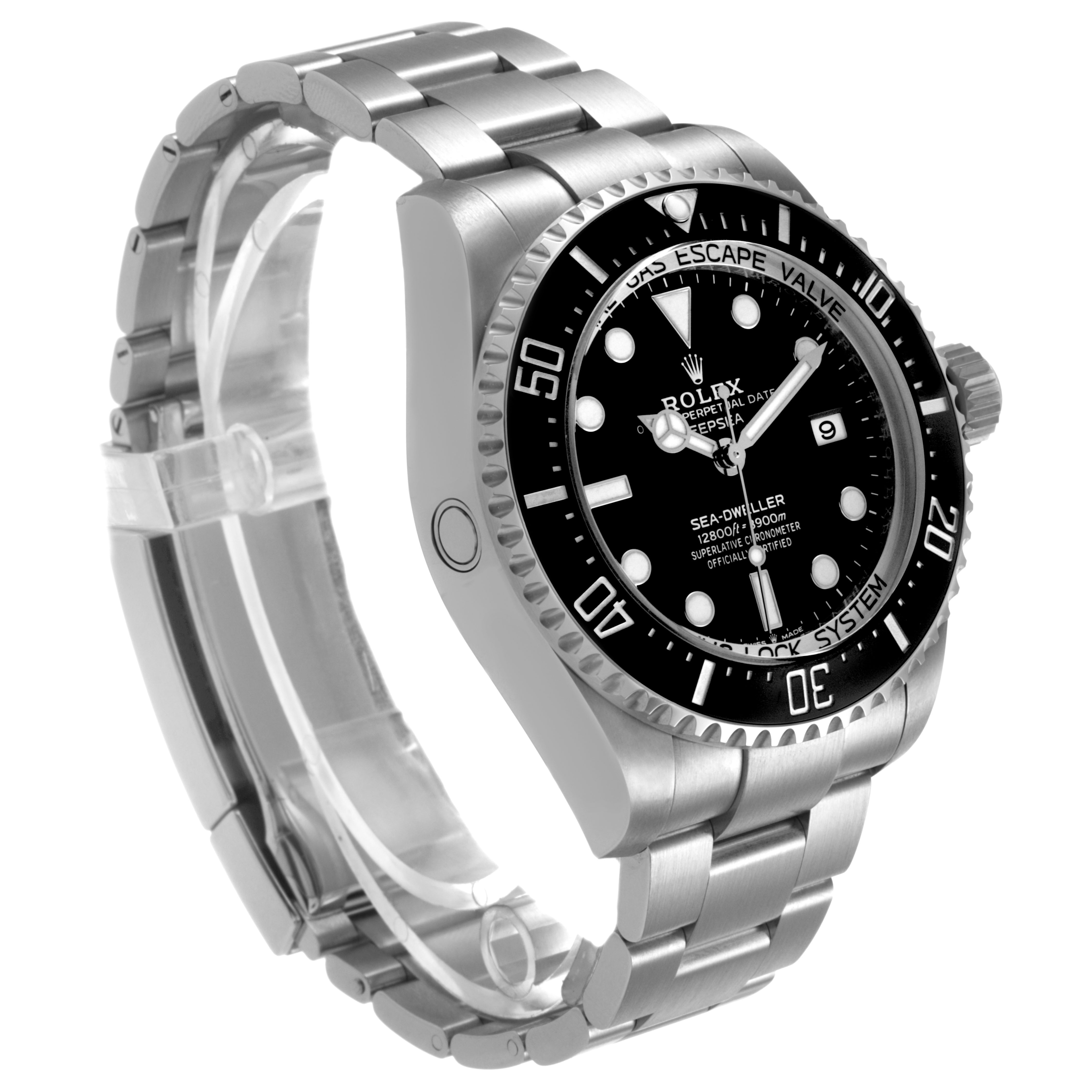 The Rolex Sea-Dweller 136660 Men's Stainless Steel Black Dial watch is shown at a three-quarter angle, highlighting the dial, bezel, crown, and bracelet.