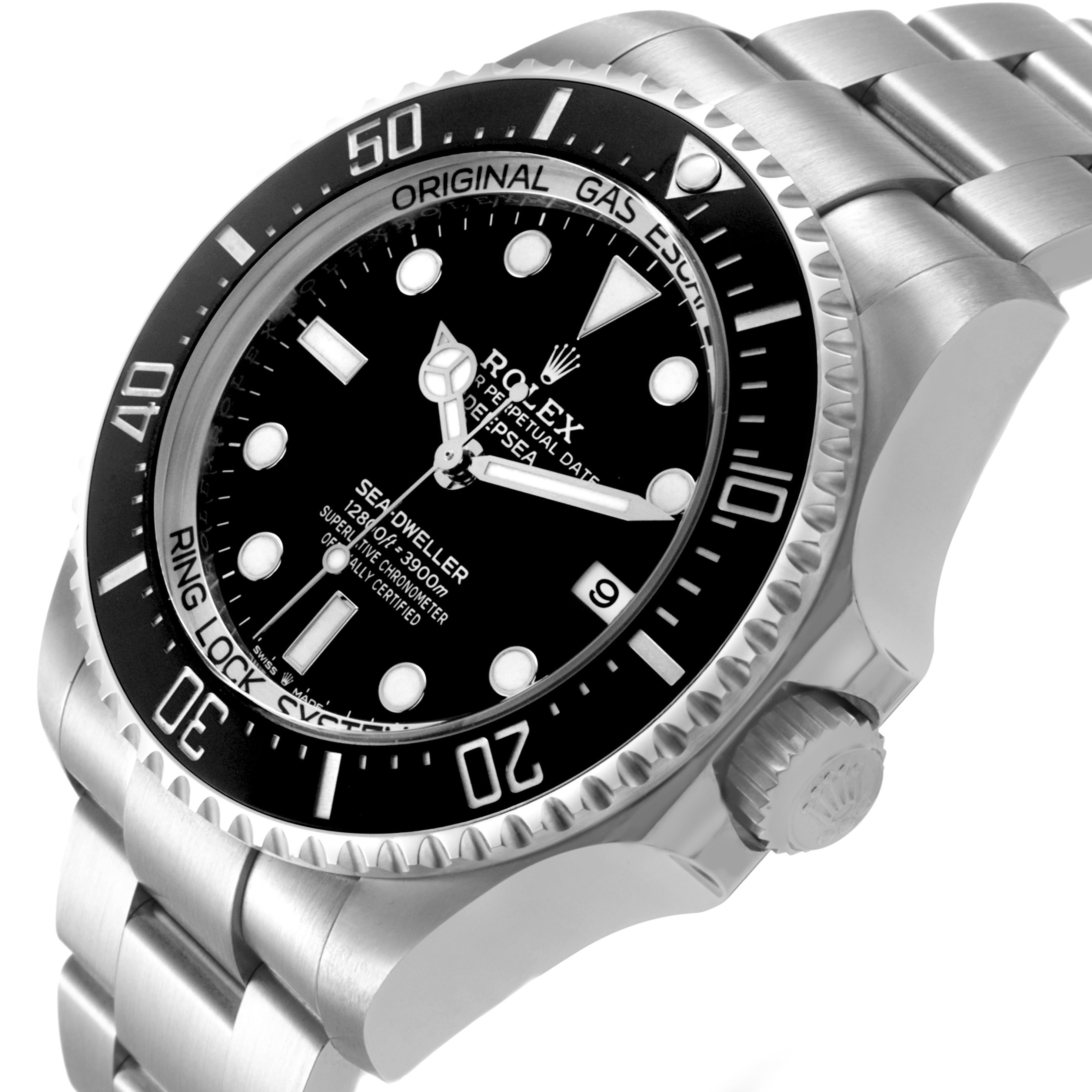 The Rolex Sea-Dweller 136660 Men's Stainless Steel Black Dial watch is shown at an angled view, highlighting the dial, bezel, and bracelet.