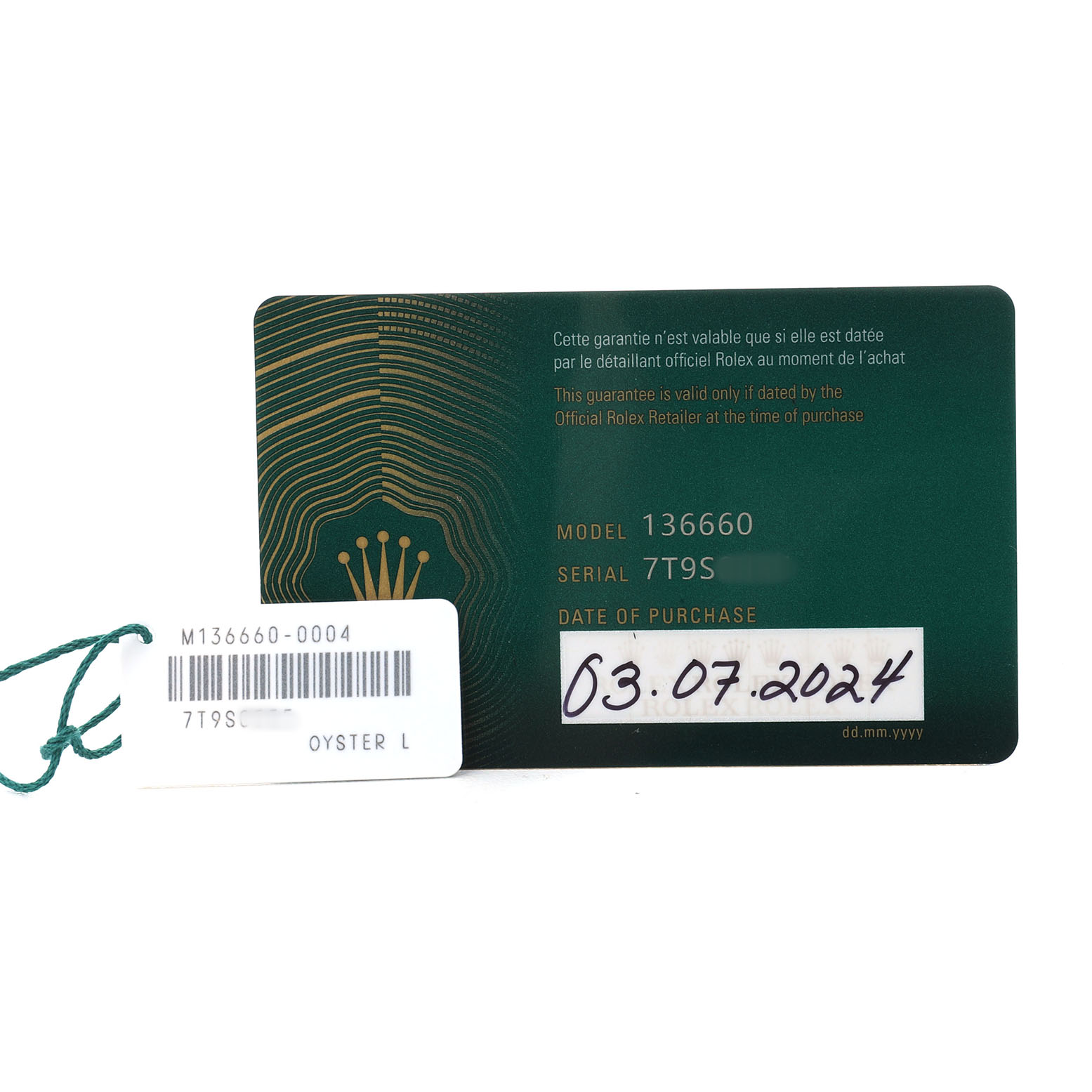 The image shows the warranty card and a tag for a Rolex Sea-Dweller 136660 Men's Stainless Steel Black Dial model 136660, displaying the serial number and purchase date.