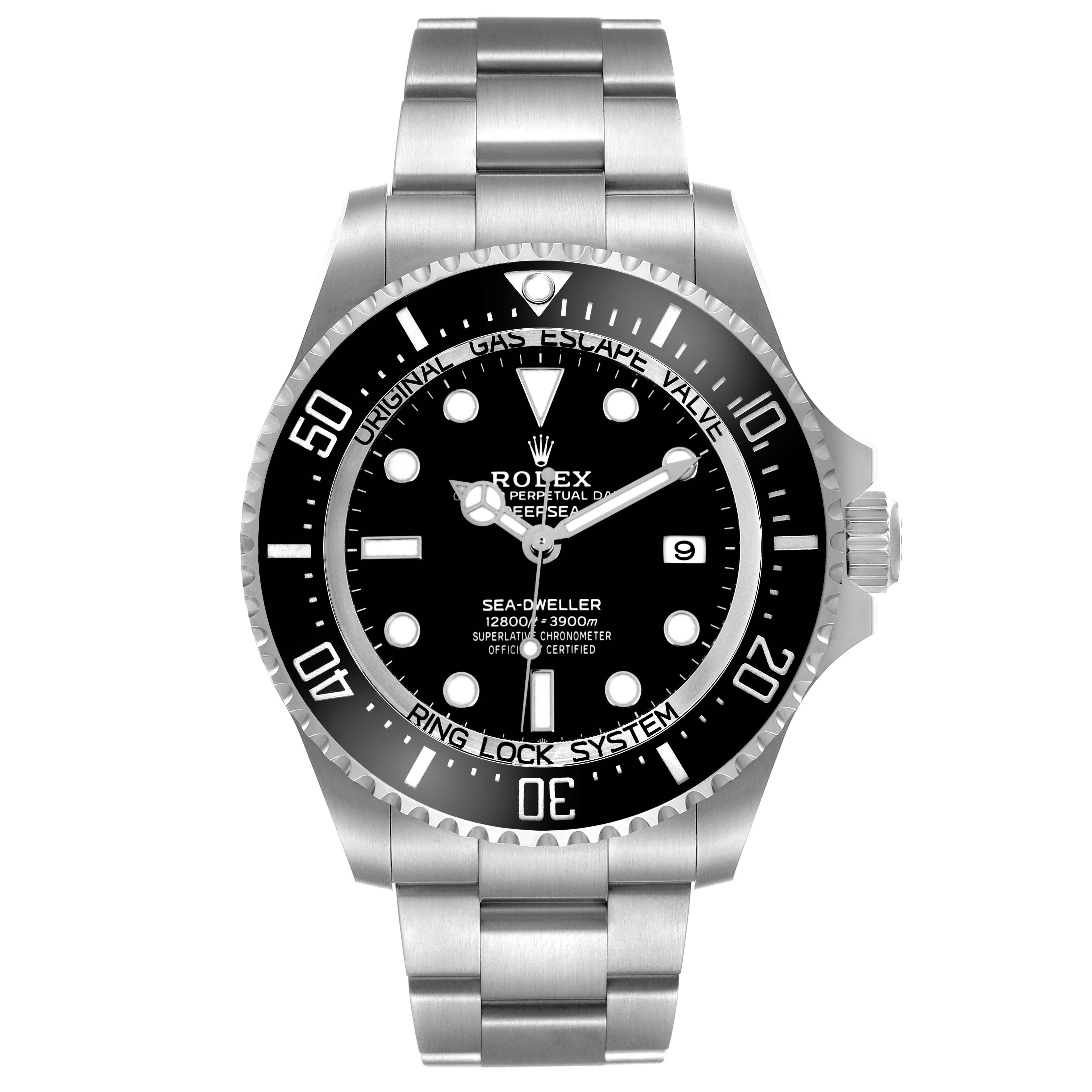 The Rolex Sea-Dweller 136660 Men's Stainless Steel Black Dial watch is shown from a front angle, displaying the dial, bezel, and part of the bracelet.