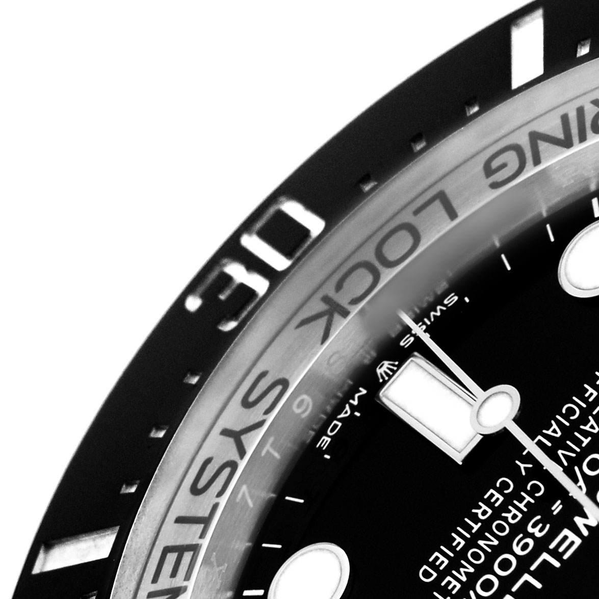 The image shows a close-up of the Rolex Sea-Dweller 136660 Men's Stainless Steel Black Dial's bezel and dial details, focusing on the "RING LOCK SYSTEM" and hour markers.