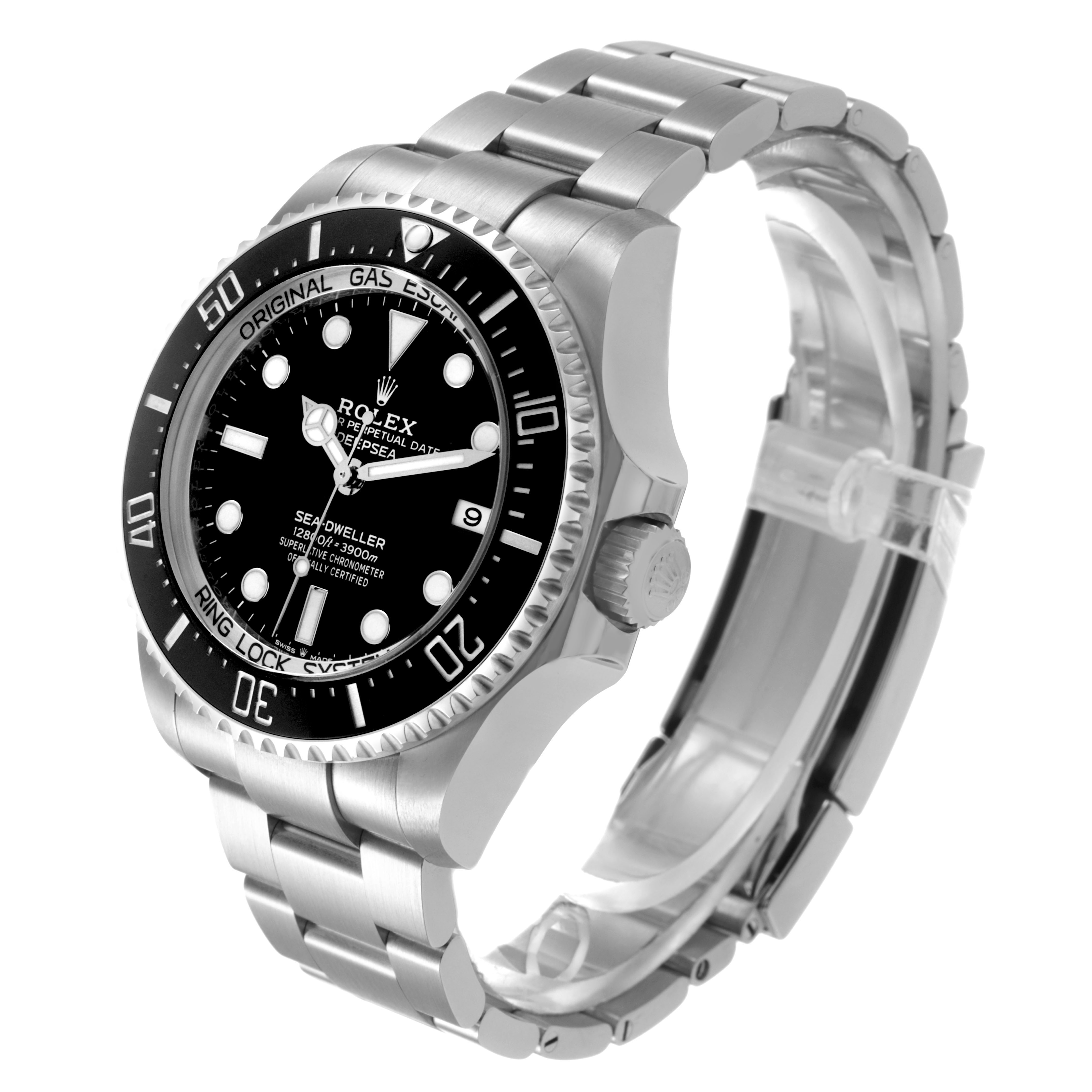 The Rolex Sea-Dweller 136660 Men's Stainless Steel Black Dial watch is shown at an angle highlighting the bezel, dial, and bracelet.