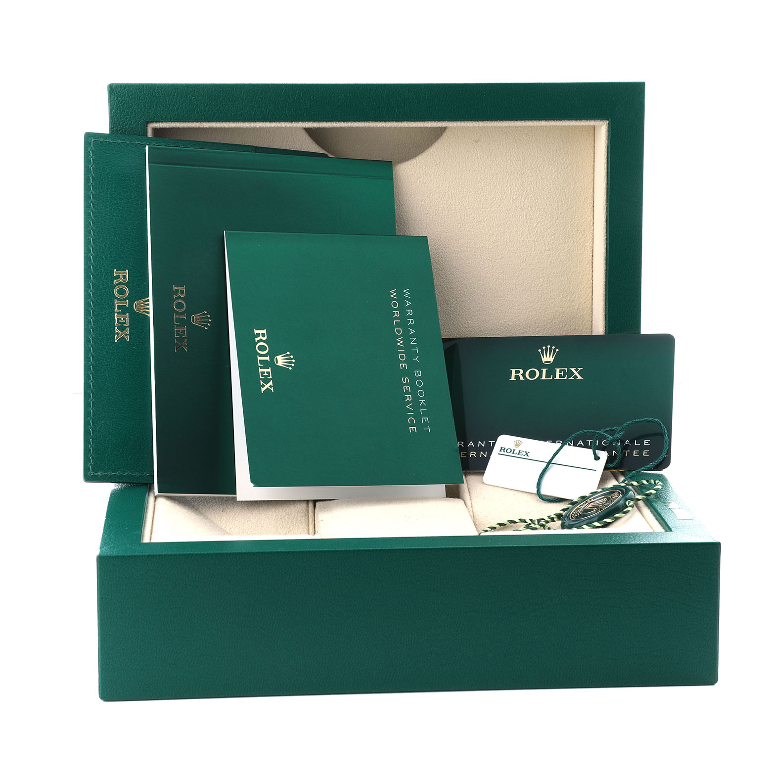 The image shows the box, booklets, warranty card, and tags for the Rolex Sea-Dweller 136660 Men's Stainless Steel Black Dial watch, viewed from a front angle.