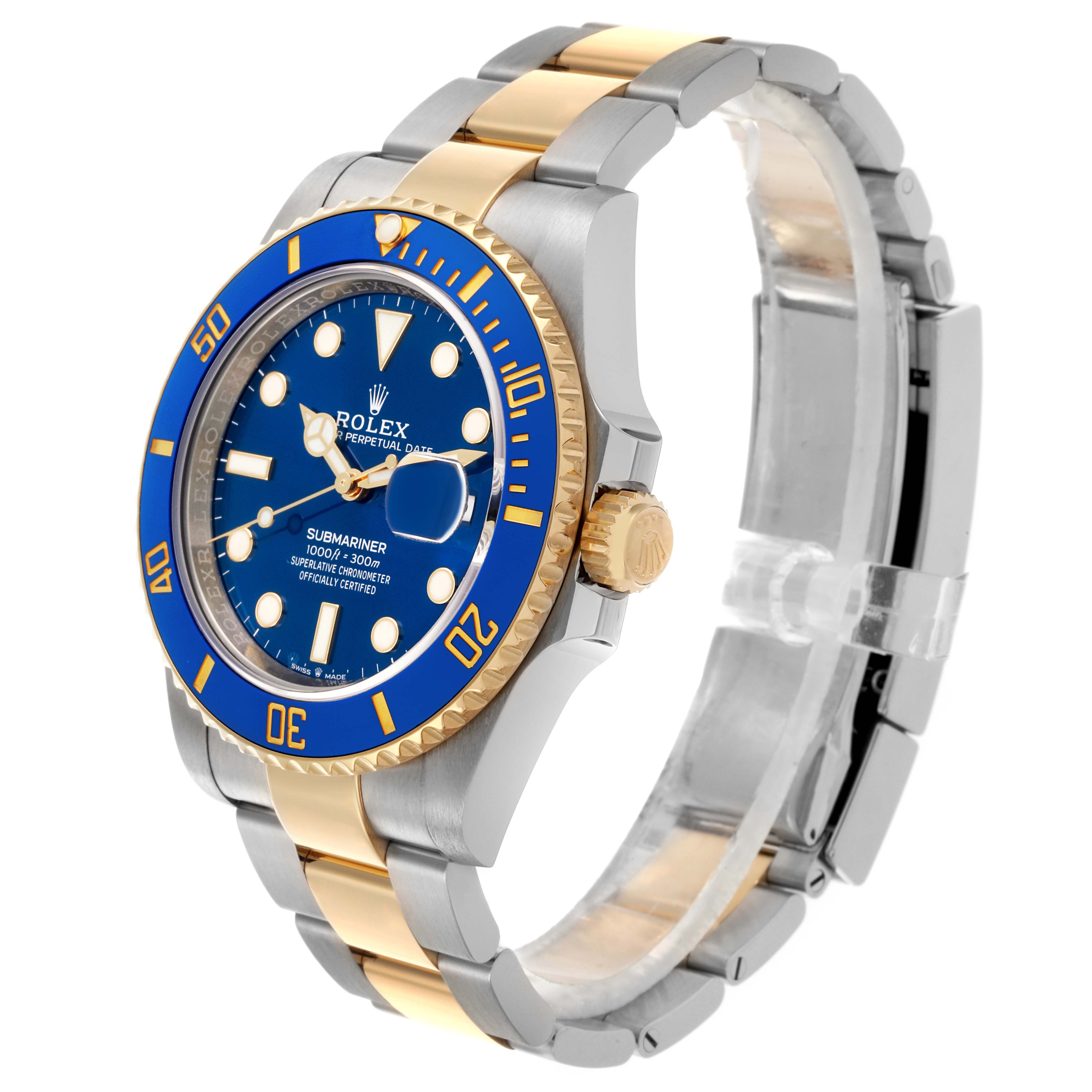 The Rolex Submariner 126613 Men's Steel and Gold (two tone) Blue Dial 126613 Men's Steel and Gold (two tone) Blue Dial watch is shown at an angle displaying the face, bezel, crown, and bracelet.