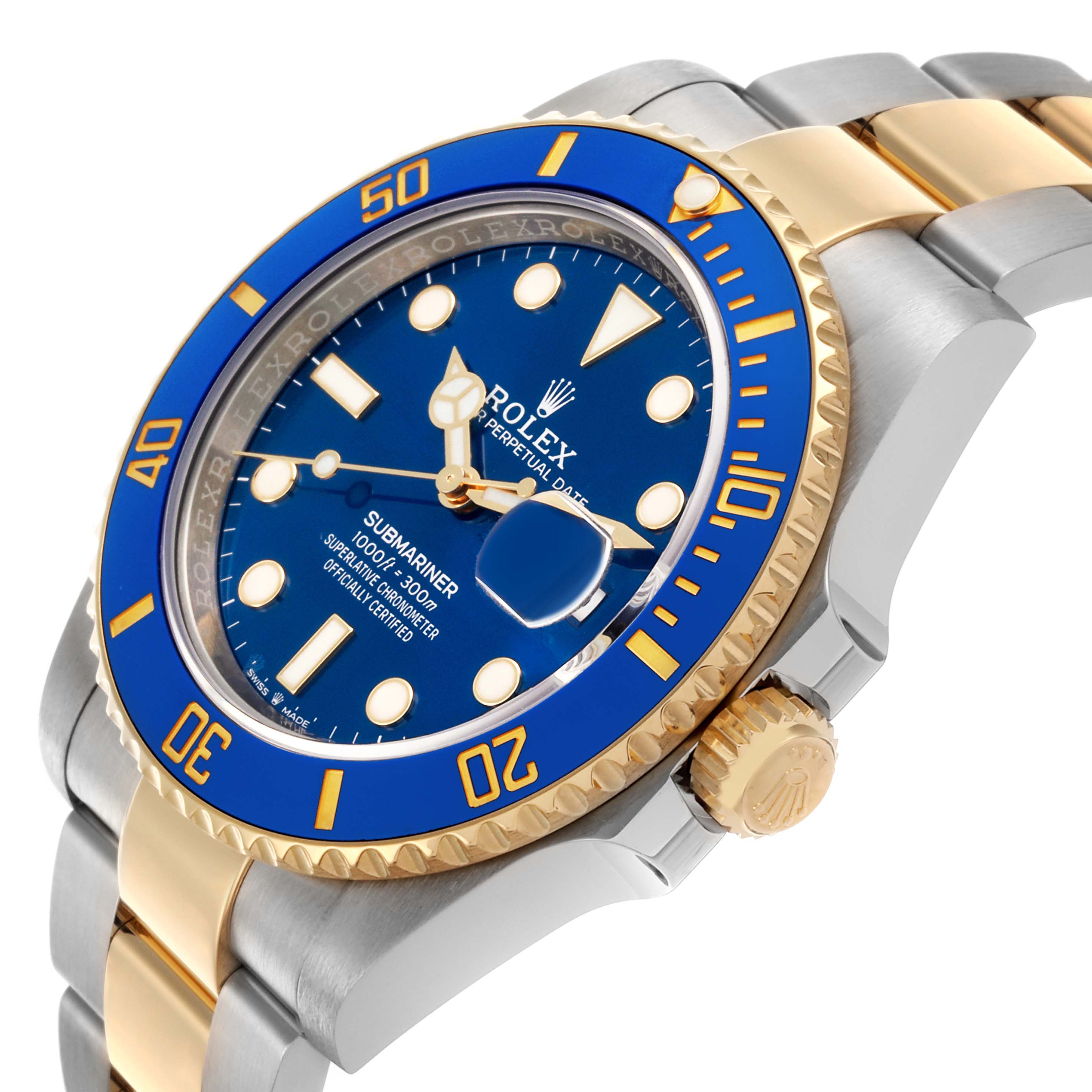 The Rolex Submariner 126613 Men's Steel and Gold (two tone) Blue Dial 126613 Men's Steel and Gold (two tone) Blue Dial watch is shown at an angled side view, highlighting the bezel, dial, and bracelet.