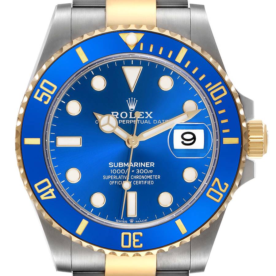 The Rolex Submariner is shown from a front angle, displaying the bezel, dial, hands, and date function.