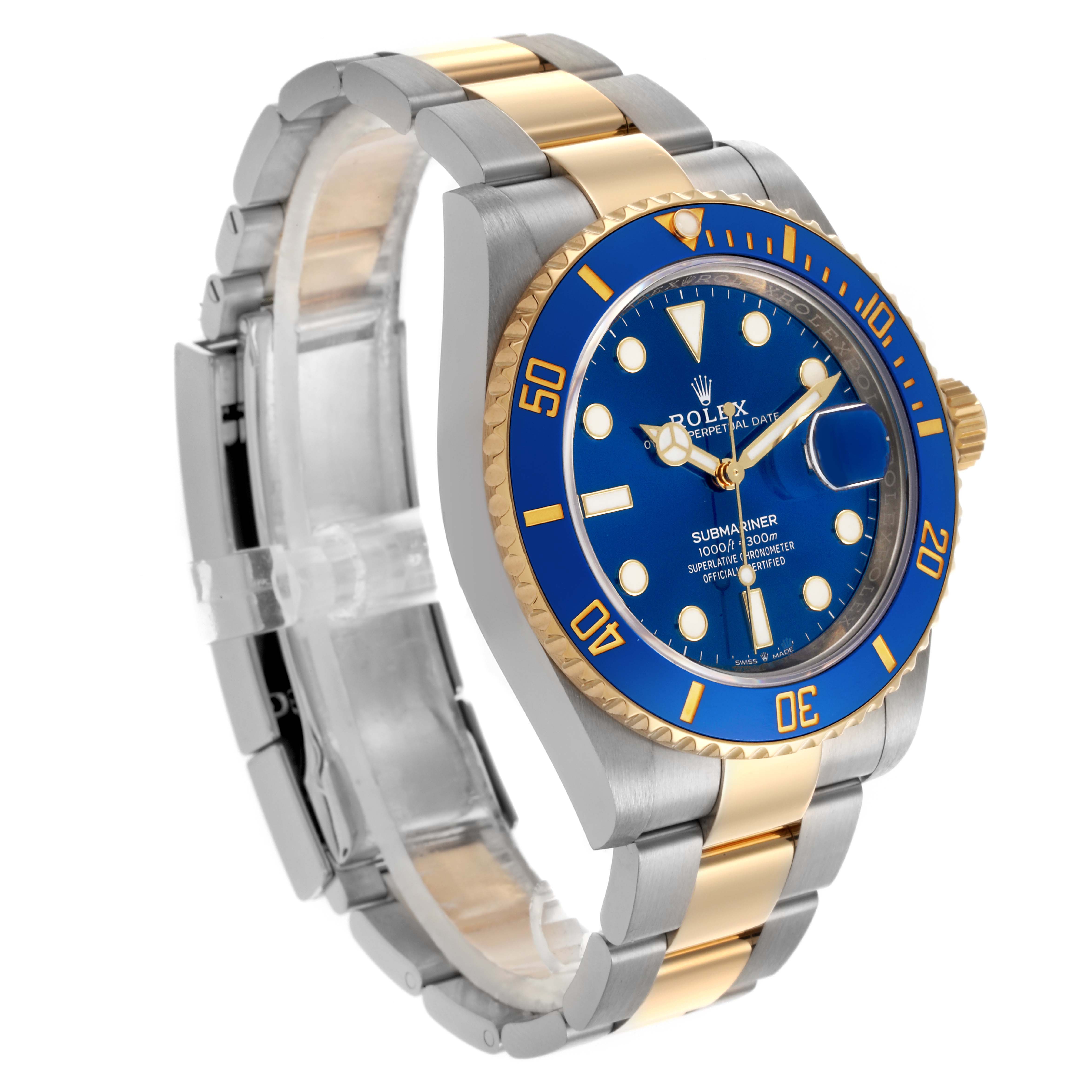 The Rolex Submariner 126613 Men's Steel and Gold (two tone) Blue Dial 126613 Men's Steel and Gold (two tone) Blue Dial watch is shown at a slight angle, highlighting the face, bezel, crown, and two-tone bracelet.