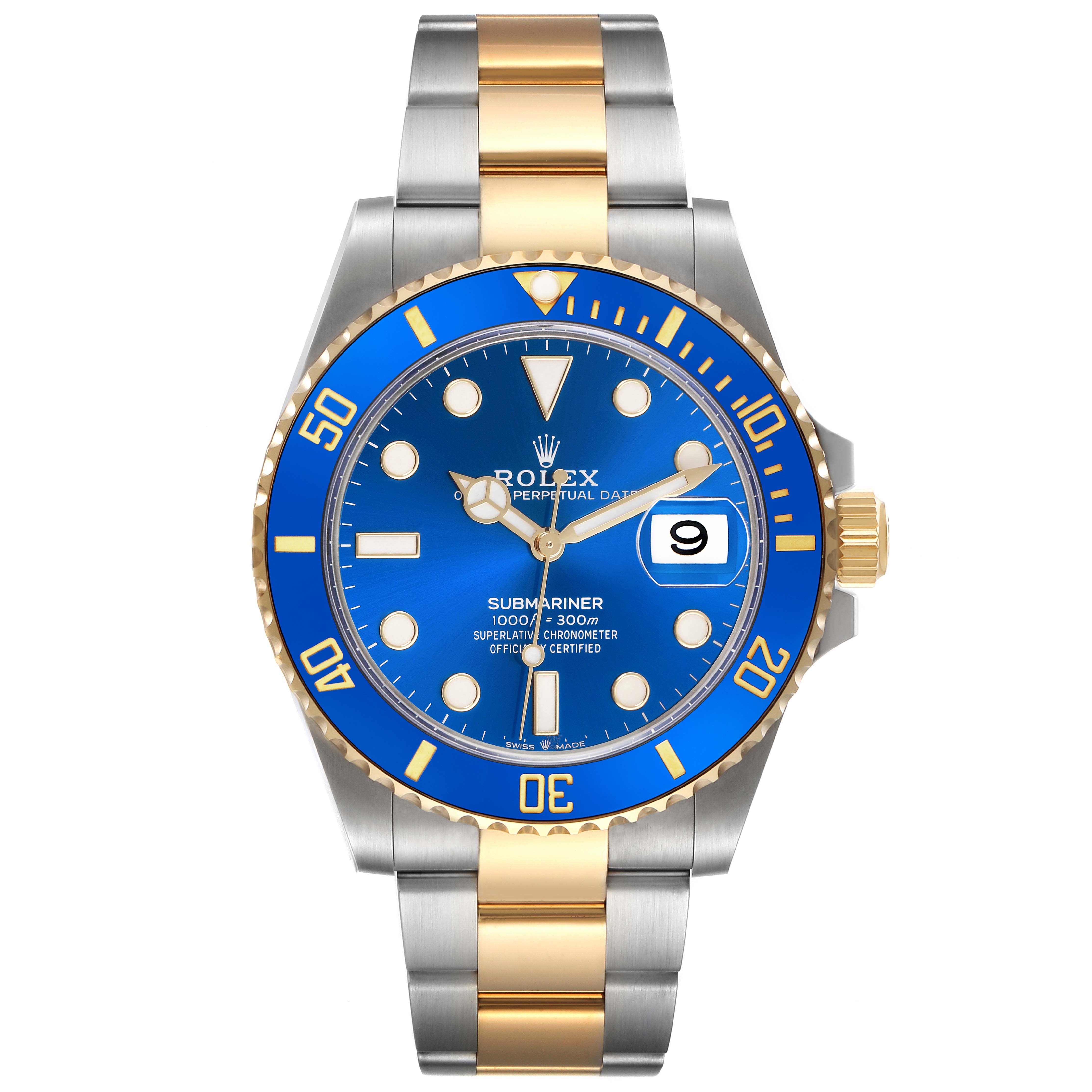 The Rolex Submariner 126613 Men's Steel and Gold (two tone) Blue Dial 126613 Men's Steel and Gold (two tone) Blue Dial is shown from the front, featuring its blue dial, gold and silver bracelet, and bezel.