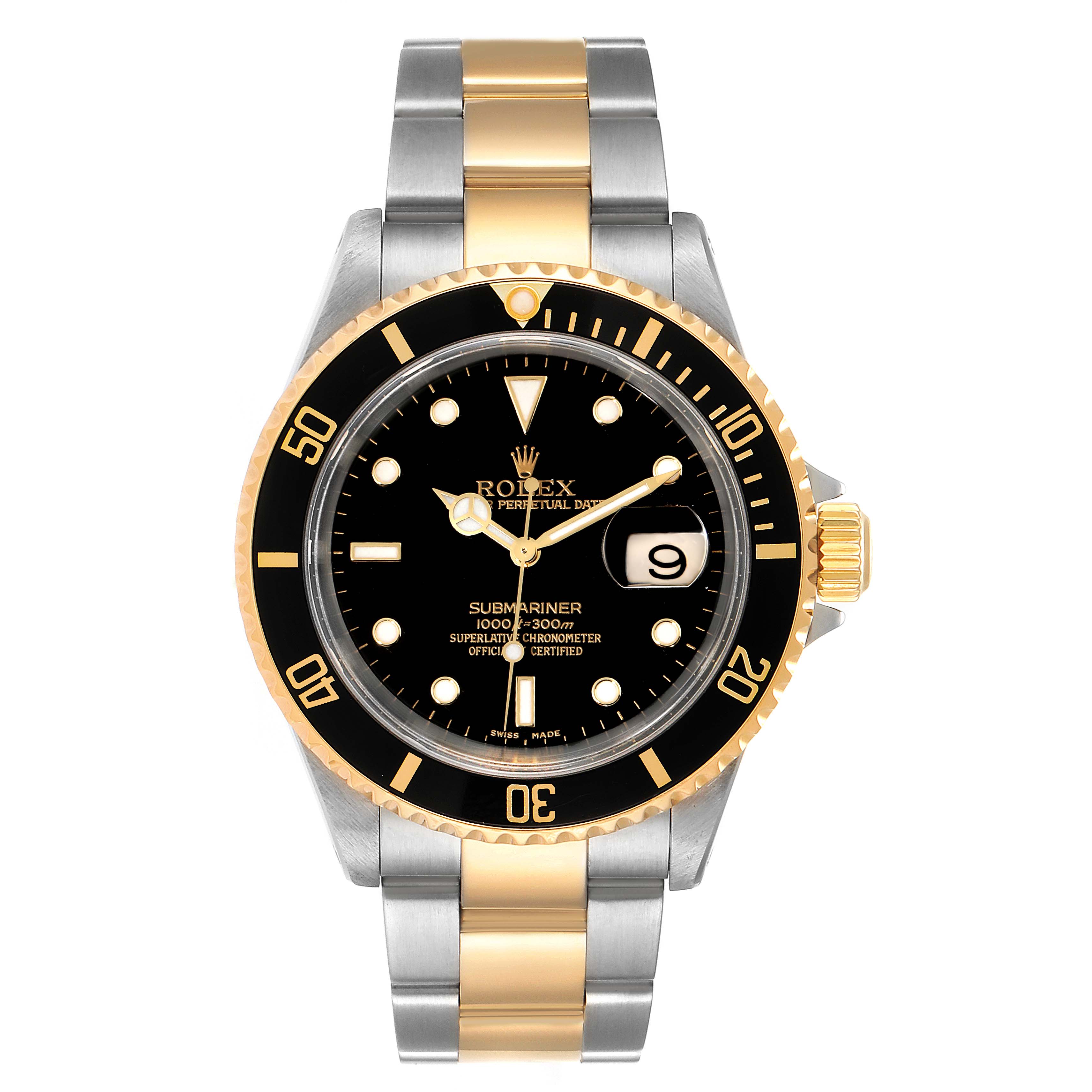 The image shows a front view of the Rolex Submariner 16613 Men's Steel and Gold (two tone) Black Dial 16613 Men's Steel and Gold (two tone) Black Dial, displaying its dial, bezel, and two-tone bracelet.