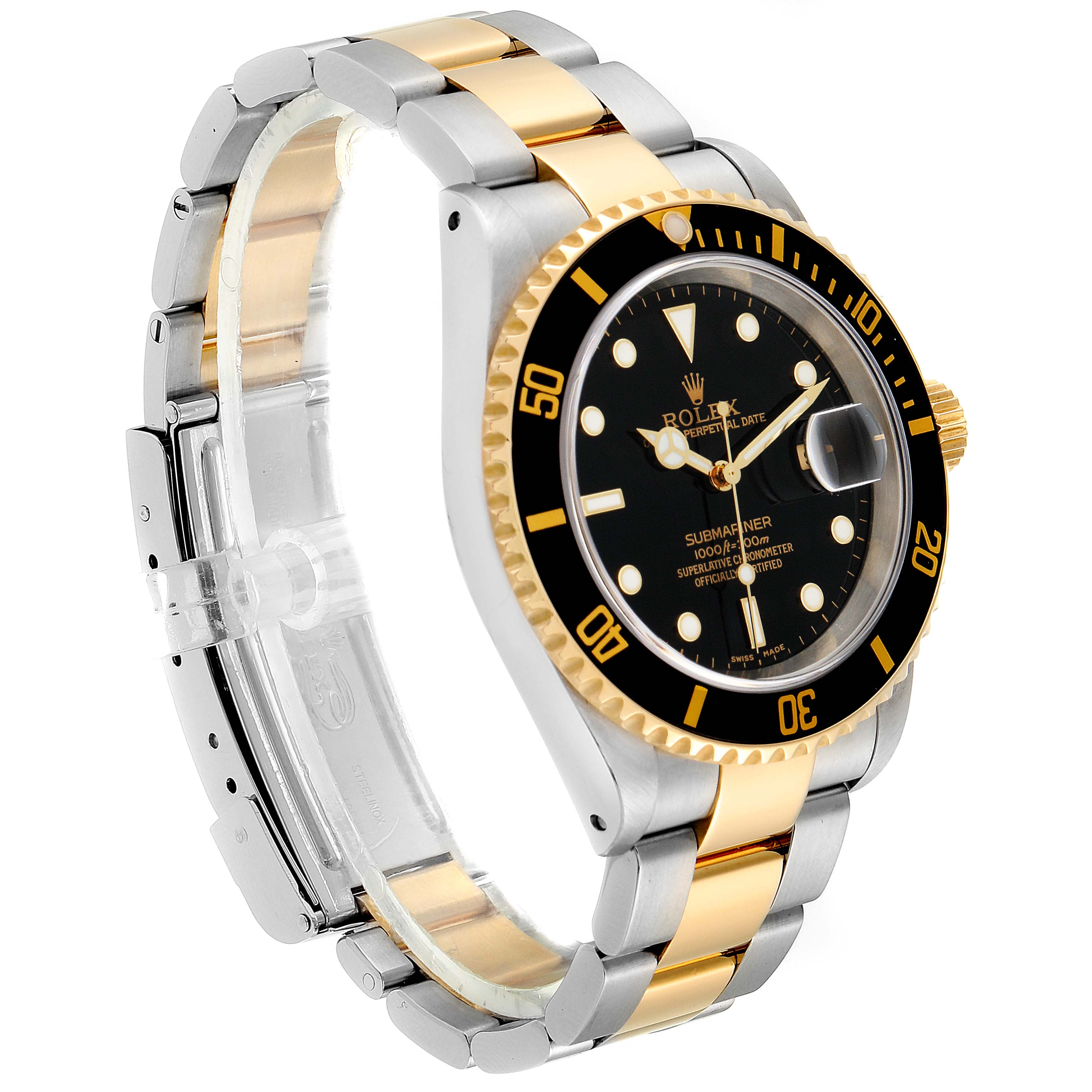 This image shows a Rolex Submariner 16613 Men's Steel and Gold (two tone) Black Dial 16613 Men's Steel and Gold (two tone) Black Dial watch at an angle highlighting its black dial, gold and silver bracelet, and rotating bezel.