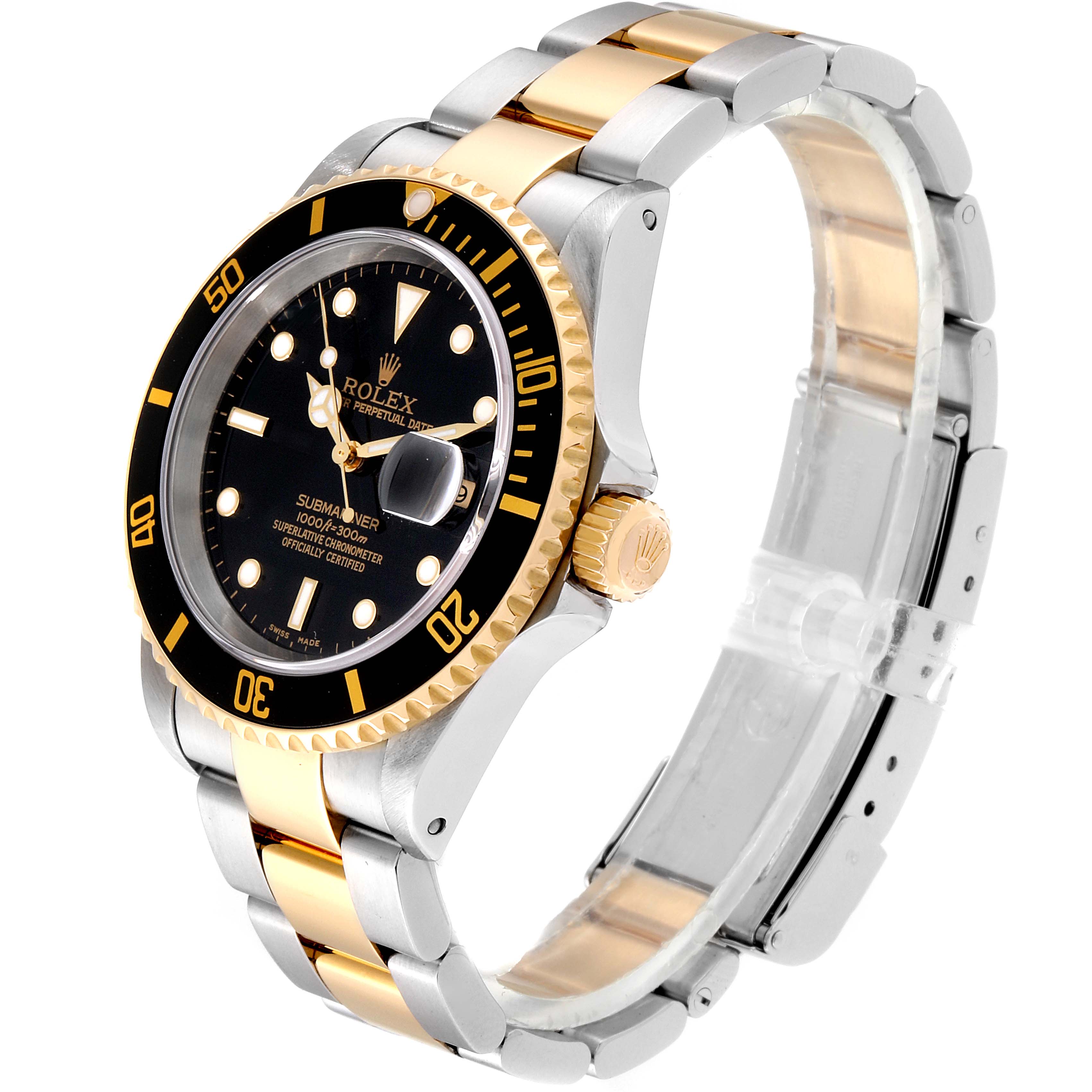 The image shows a Rolex Submariner 16613 Men's Steel and Gold (two tone) Black Dial 16613 Men's Steel and Gold (two tone) Black Dial watch at a slight angle, displaying its gold and black bezel, dial, and two-tone gold and silver band.