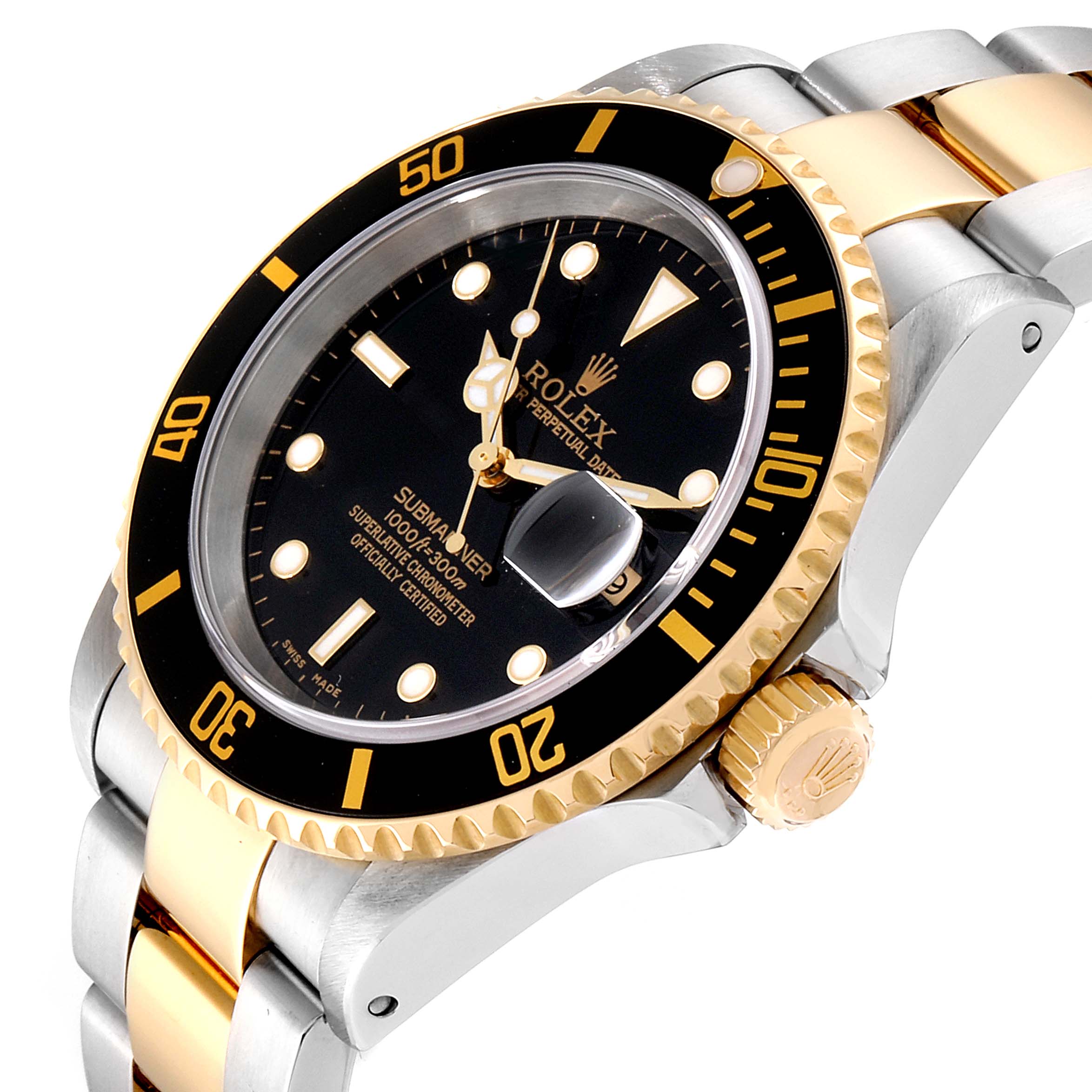 The image shows a Rolex Submariner 16613 Men's Steel and Gold (two tone) Black Dial 16613 Men's Steel and Gold (two tone) Black Dial watch at an angled close-up, highlighting the bezel, crown, dial, and bracelet.