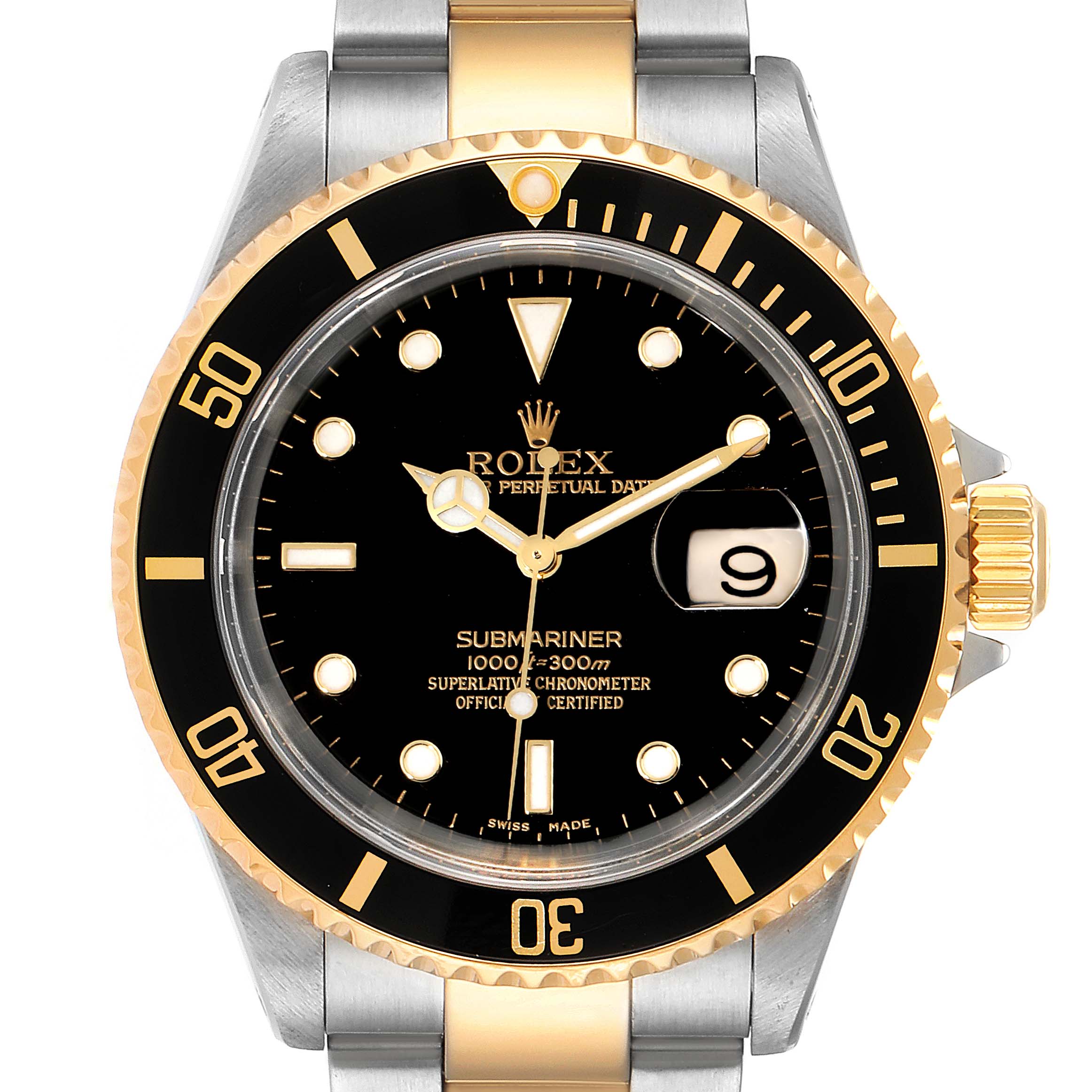 This image shows a front view of a Rolex Submariner 16613 Men's Steel and Gold (two tone) Black Dial 16613 Men's Steel and Gold (two tone) Black Dial watch, highlighting its black dial, gold-accented bezel, and bracelet.