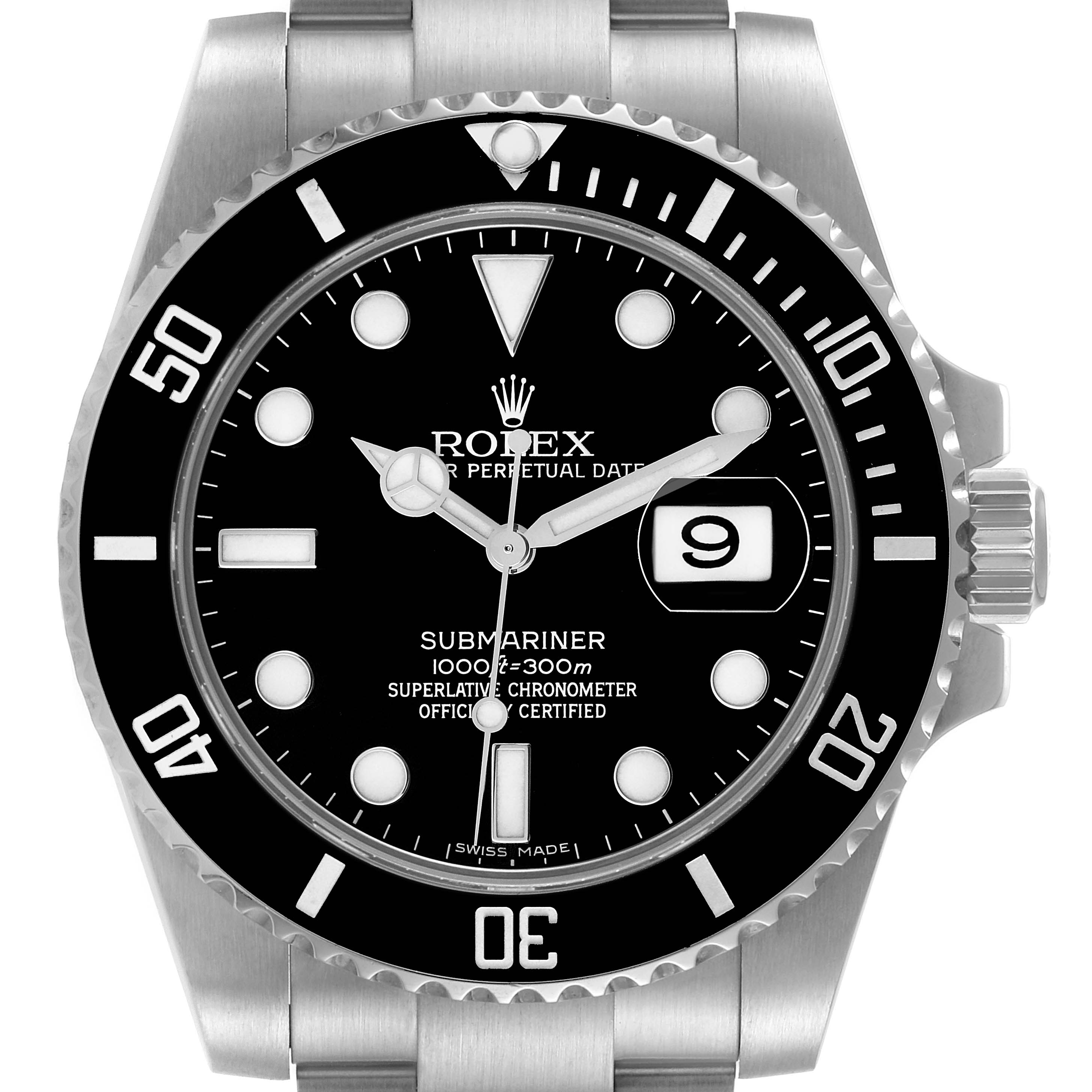 This image shows a front view of the Rolex Submariner 116610 Men's Stainless Steel Black Dial 116610 Men's Stainless Steel Black Dial watch, highlighting the dial, bezel, crown, and part of the bracelet.