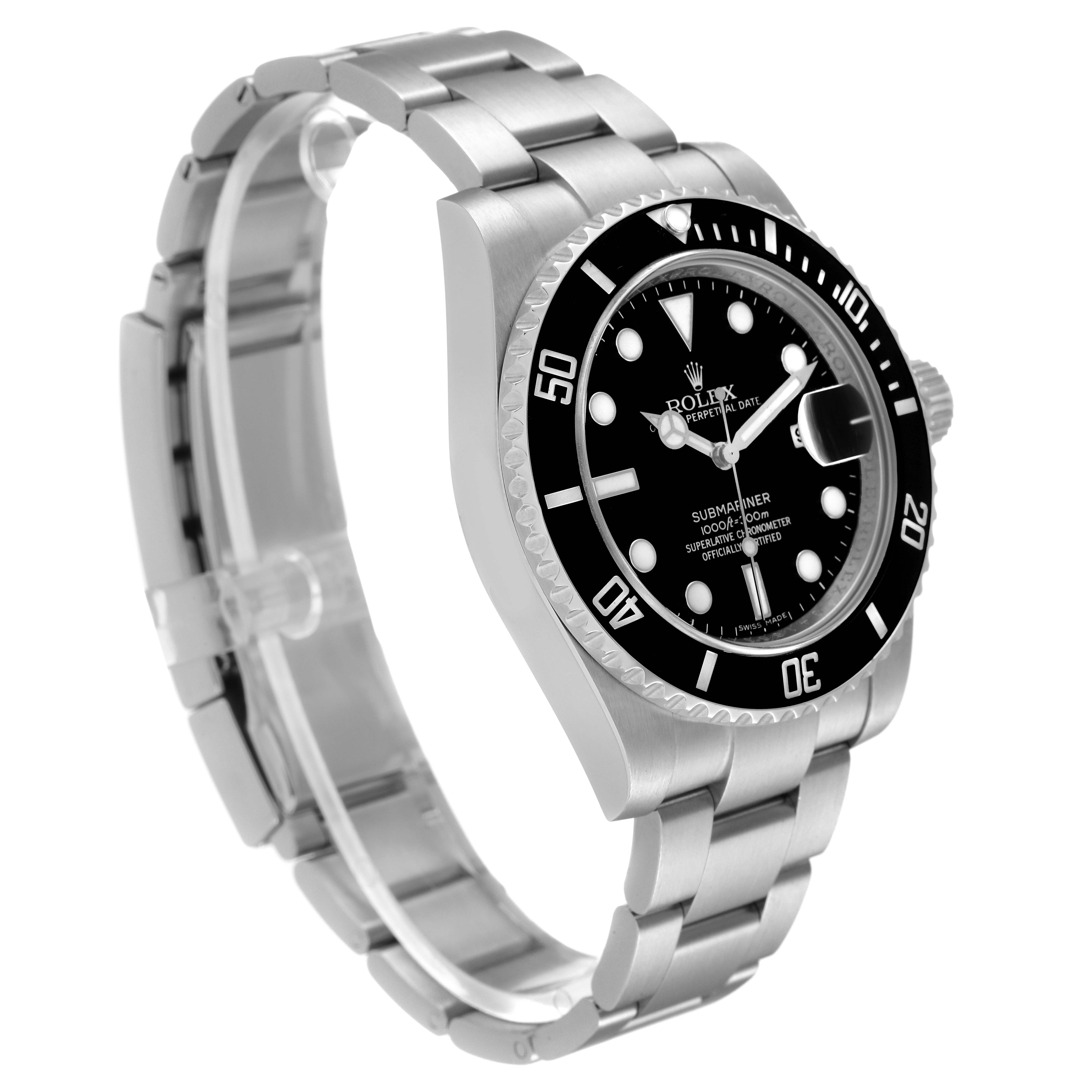 This image shows a side angle of the Rolex Submariner 116610 Men's Stainless Steel Black Dial 116610 Men's Stainless Steel Black Dial watch, highlighting the black dial, bezel, crown, and stainless steel bracelet.