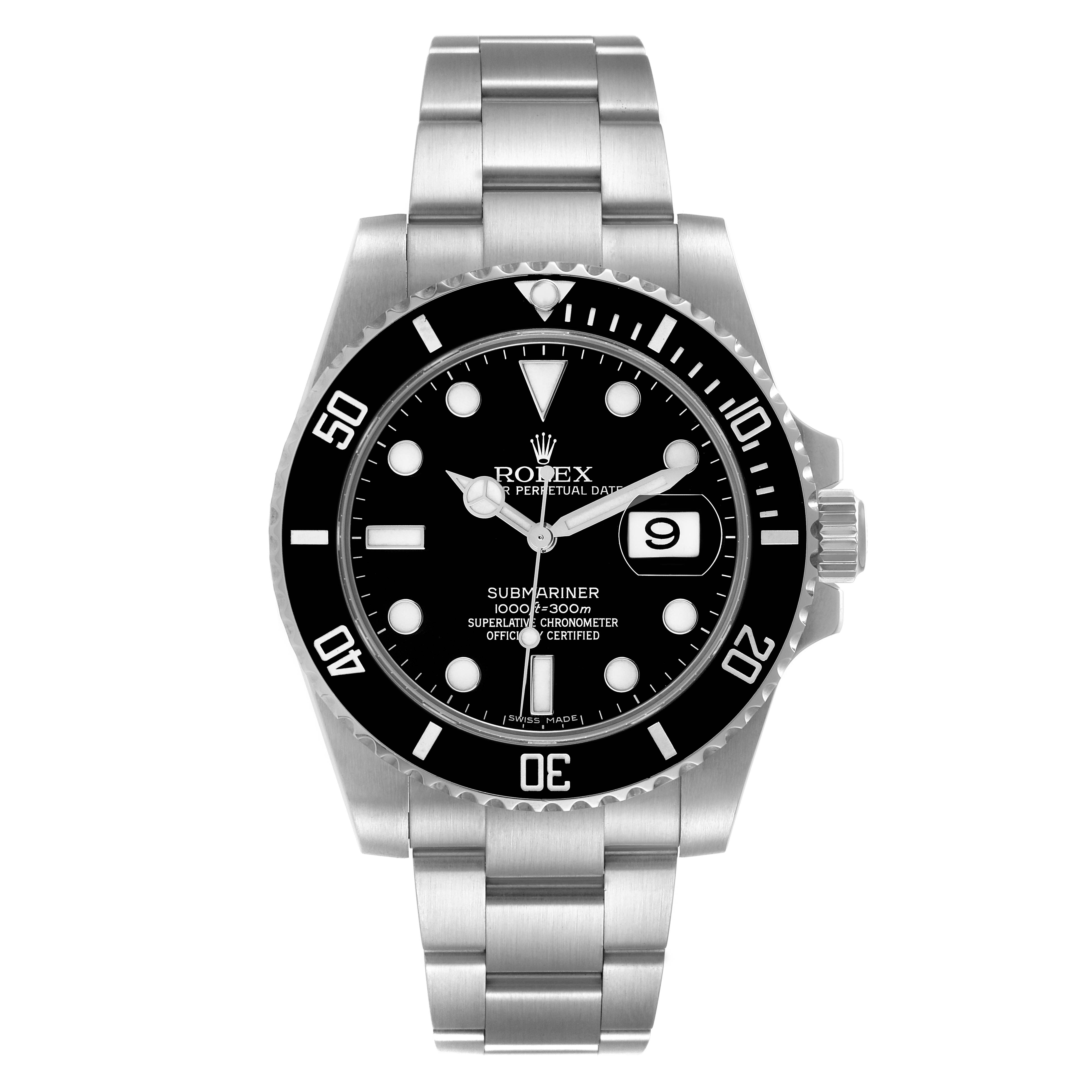 This image shows a front view of a Rolex Submariner 116610 Men's Stainless Steel Black Dial 116610 Men's Stainless Steel Black Dial watch, displaying the dial, bezel, and bracelet.