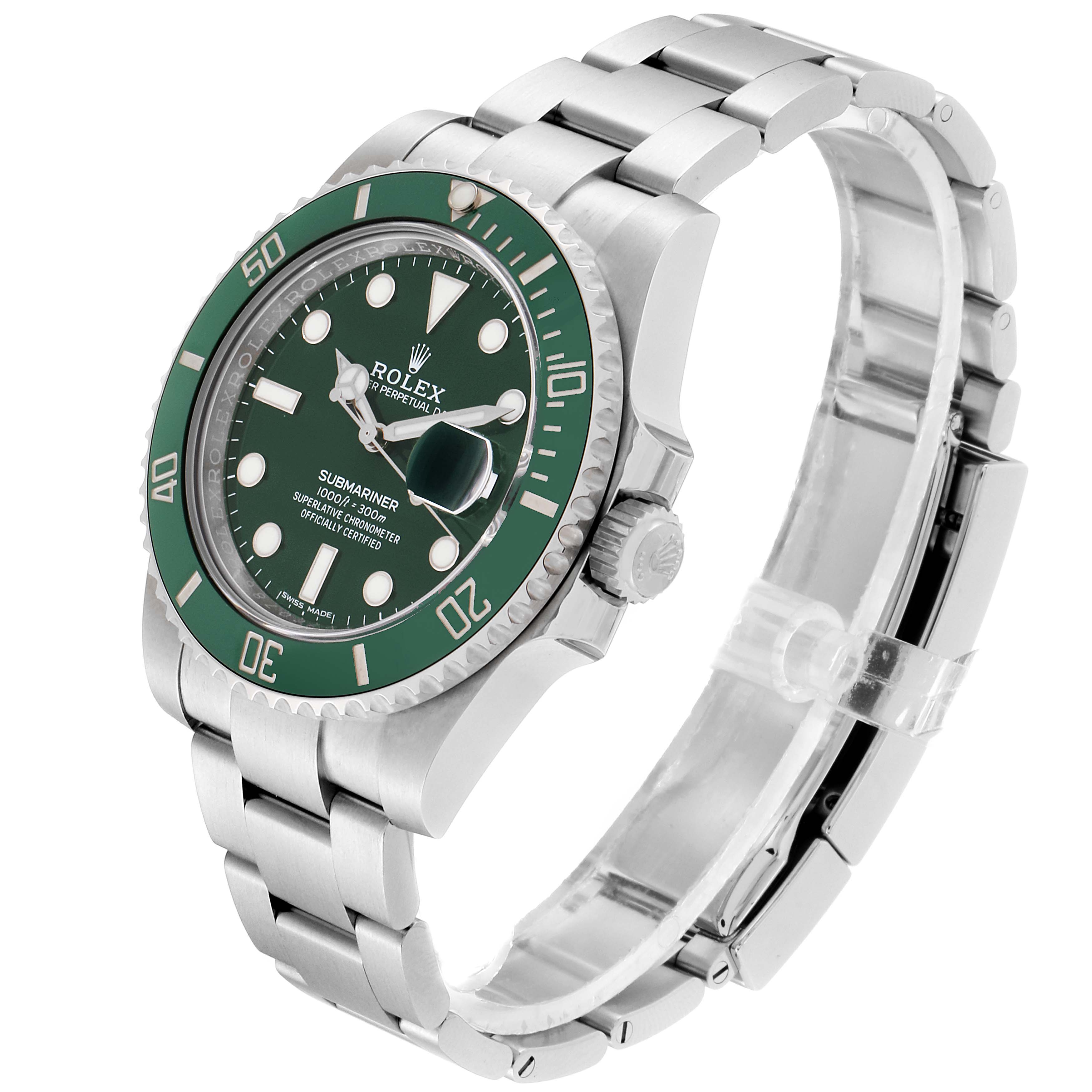 The image shows a Rolex Submariner 116610LV Men's Stainless Steel Green Dial 116610LV Men's Stainless Steel Green Dial watch at an angle, highlighting the green bezel, dial, and stainless steel bracelet.