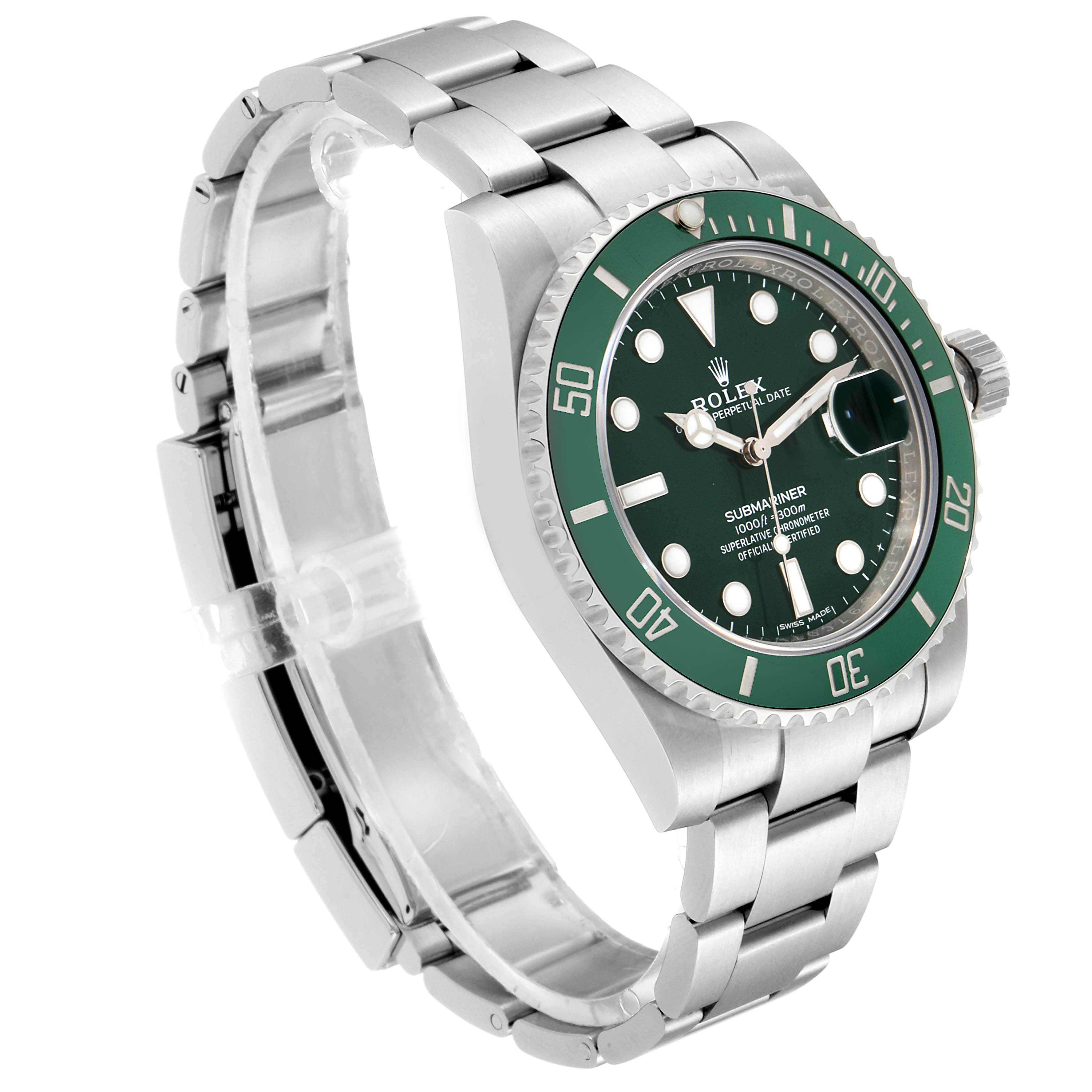 The image shows a side-angle view of a Rolex Submariner 116610LV Men's Stainless Steel Green Dial 116610LV Men's Stainless Steel Green Dial watch, highlighting its green bezel, dial, and stainless steel bracelet.