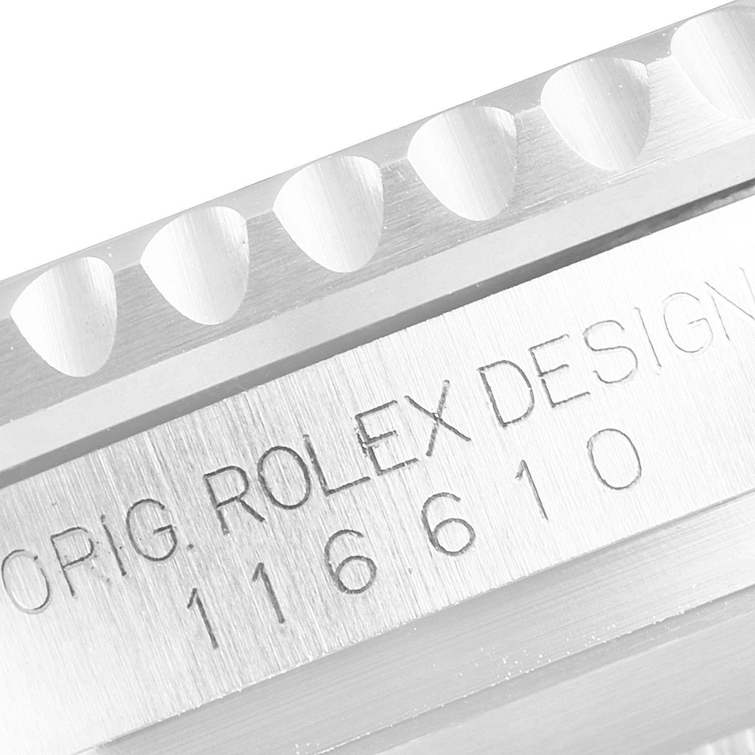 The image shows a close-up of the bezel and side engraving of a Rolex Submariner 116610LV Men's Stainless Steel Green Dial 116610LV Men's Stainless Steel Green Dial, highlighting the model number 116610.