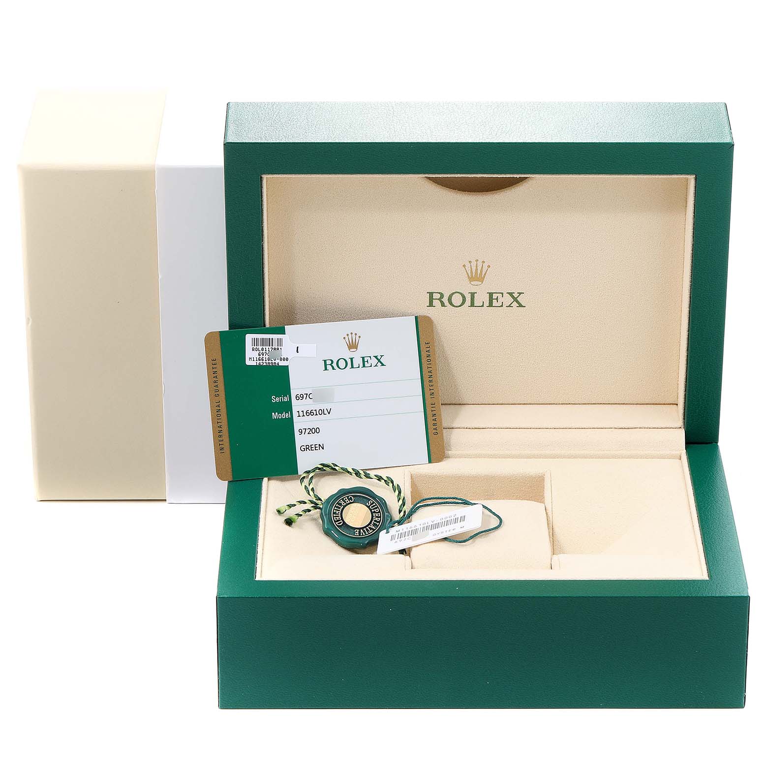 The image shows the packaging, authenticity card, and accessories of a Rolex Submariner 116610LV Men's Stainless Steel Green Dial 116610LV Men's Stainless Steel Green Dial watch.
