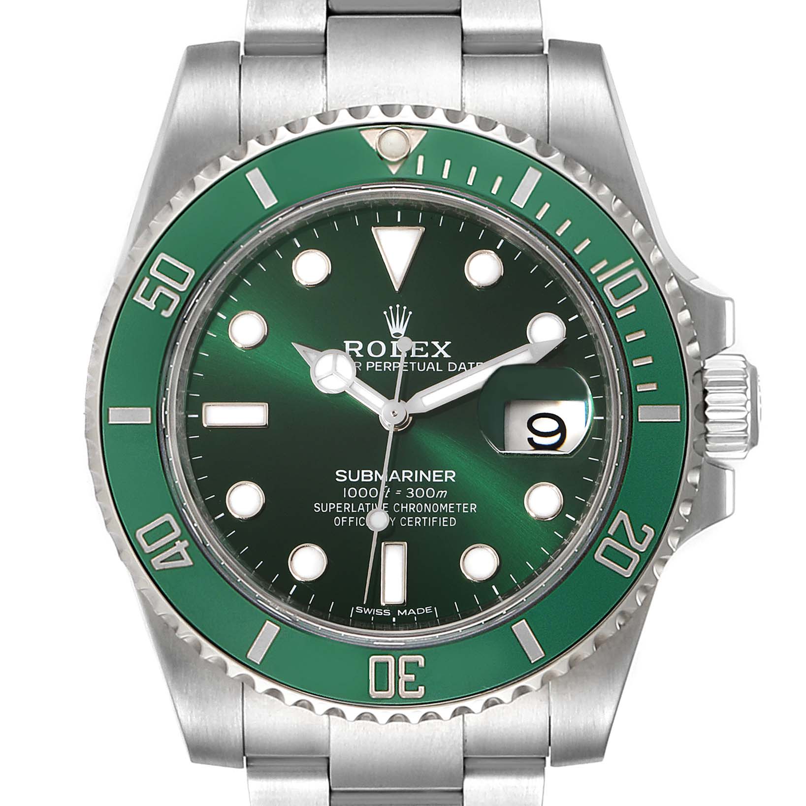 The image shows a front view of a Rolex Submariner 116610LV Men's Stainless Steel Green Dial 116610LV Men's Stainless Steel Green Dial watch with a green bezel and dial.