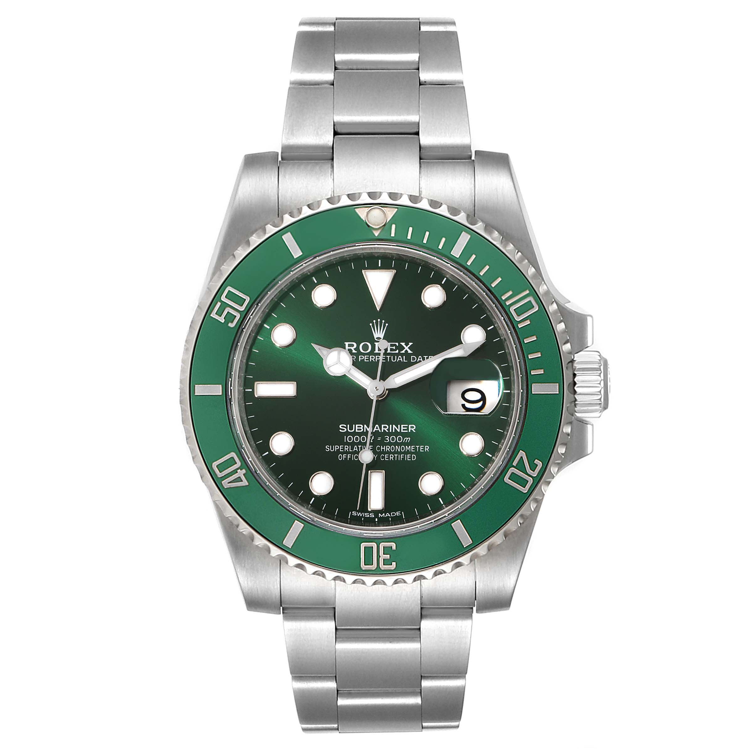 This image shows a front view of the Rolex Submariner 116610LV Men's Stainless Steel Green Dial 116610LV Men's Stainless Steel Green Dial watch, displaying its green bezel, dial, and stainless steel bracelet.