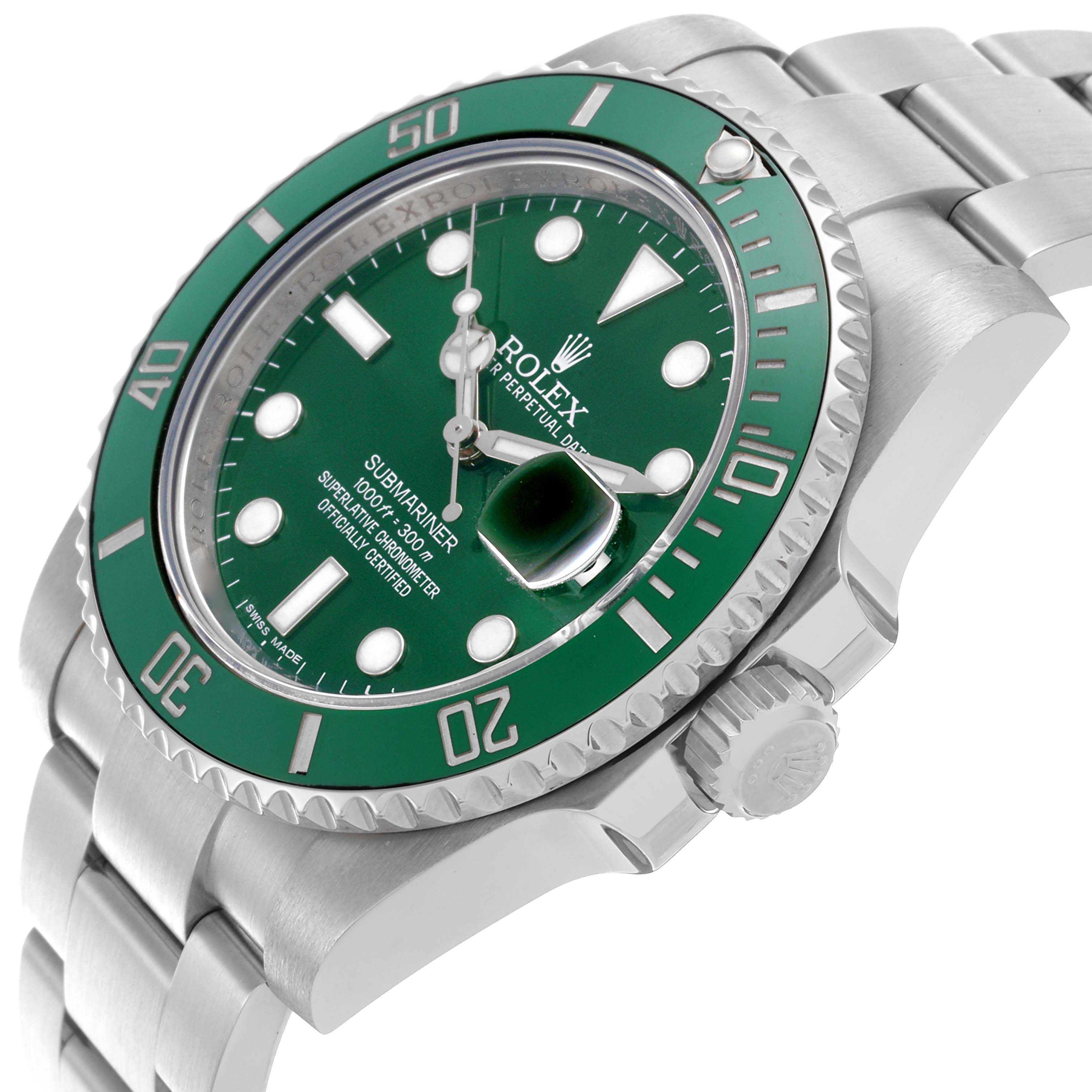 The image shows a Rolex Submariner 116610LV Men's Stainless Steel Green Dial 116610LV Men's Stainless Steel Green Dial watch at a 3/4 angle, displaying the bezel, crown, and bracelet.