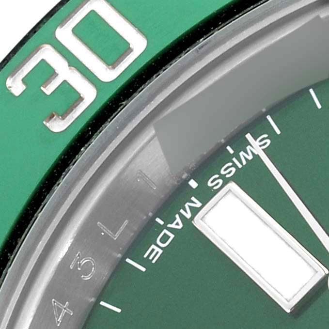 The image shows a close-up of the green bezel and dial of a Rolex Submariner 116610LV Men's Stainless Steel Green Dial 116610LV Men's Stainless Steel Green Dial, focusing on the "30" mark and "Swiss Made" text.
