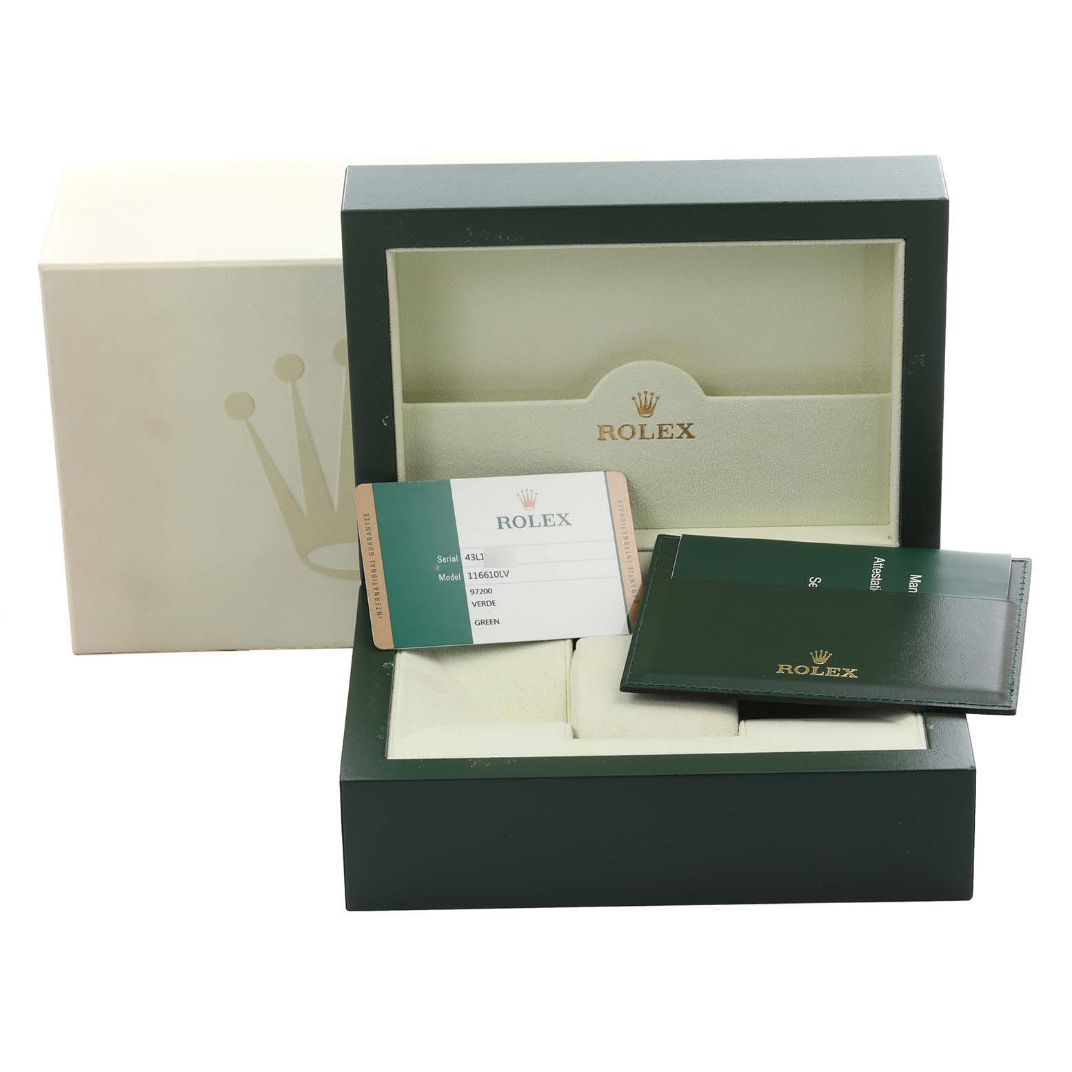 The image shows the open box and documentation for a Rolex Submariner 116610LV Men's Stainless Steel Green Dial 116610LV Men's Stainless Steel Green Dial watch.