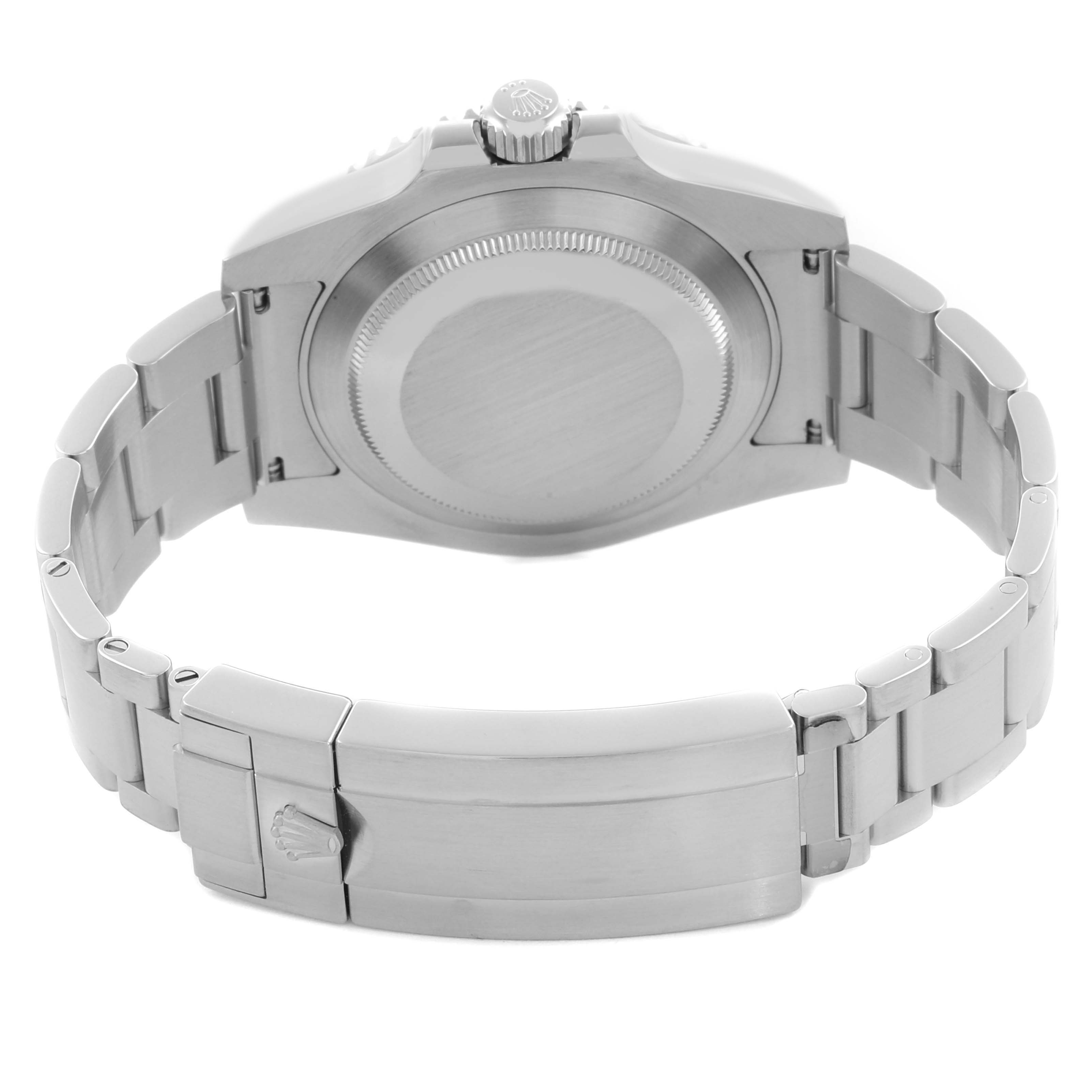 The image shows the back of a Rolex Submariner 116610LV Men's Stainless Steel Green Dial 116610LV Men's Stainless Steel Green Dial, highlighting the case back, bracelet, and clasp from a rear angle.