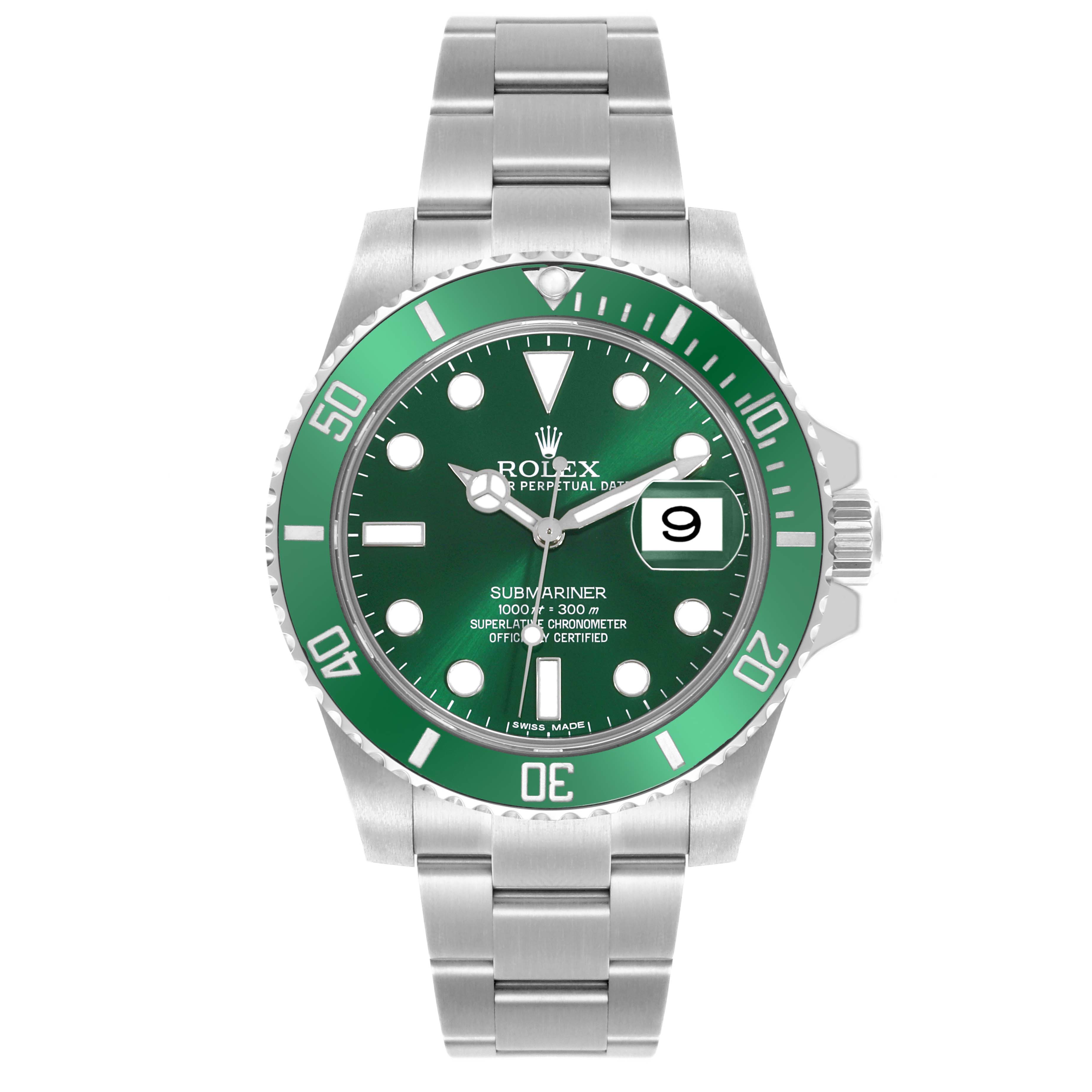 The Rolex Submariner 116610LV Men's Stainless Steel Green Dial 116610LV Men's Stainless Steel Green Dial is shown from the front, featuring its face, bezel, and stainless steel bracelet.