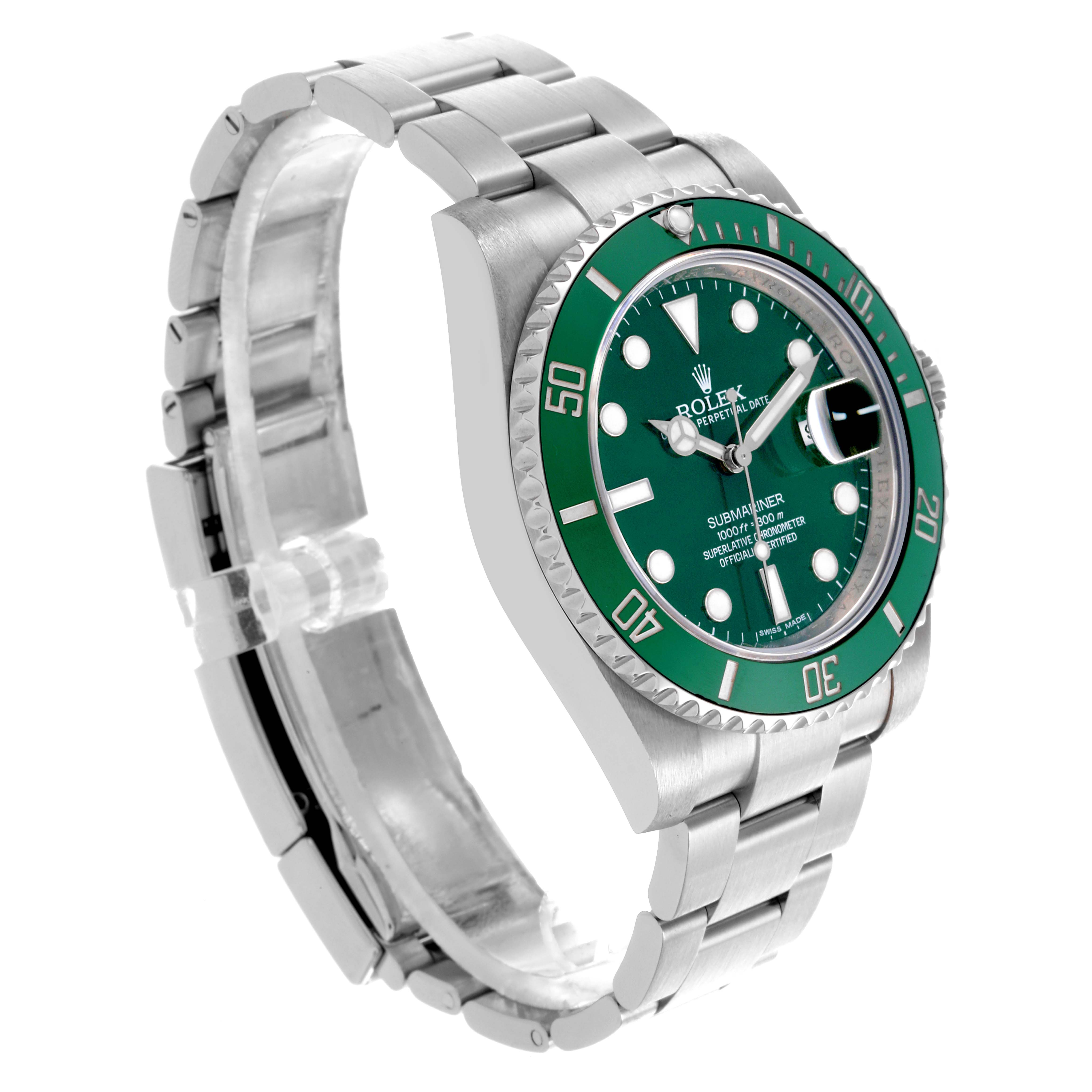 The Rolex Submariner 116610LV Men's Stainless Steel Green Dial 116610LV Men's Stainless Steel Green Dial watch is shown at an angled side view, highlighting the green bezel and bracelet.