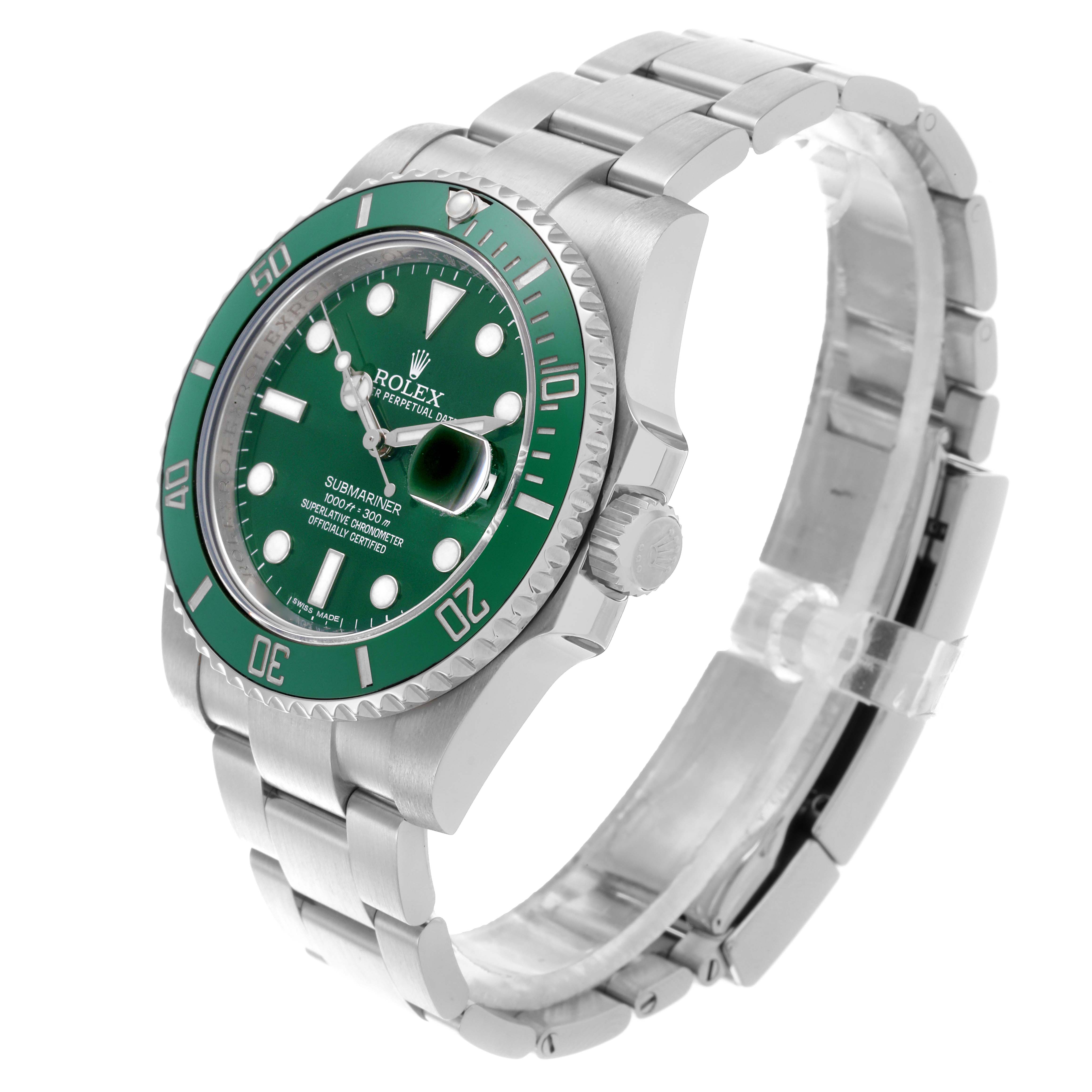 The Rolex Submariner 116610LV Men's Stainless Steel Green Dial 116610LV Men's Stainless Steel Green Dial is shown at a three-quarter angle, displaying the green bezel, dial, and stainless steel bracelet.