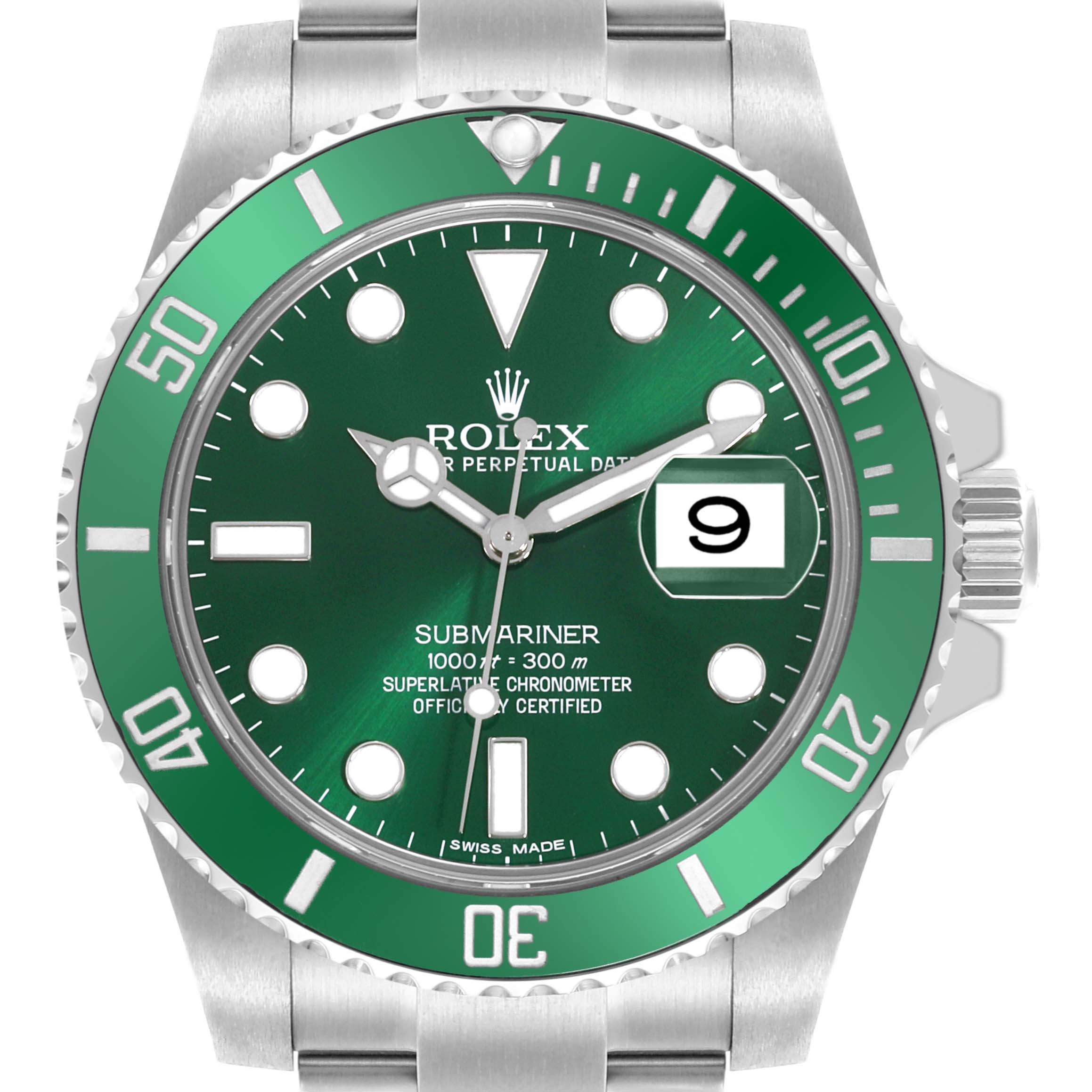 The image shows a front view of the Rolex Submariner 116610LV Men's Stainless Steel Green Dial 116610LV Men's Stainless Steel Green Dial watch, displaying the dial, bezel, and part of the bracelet.