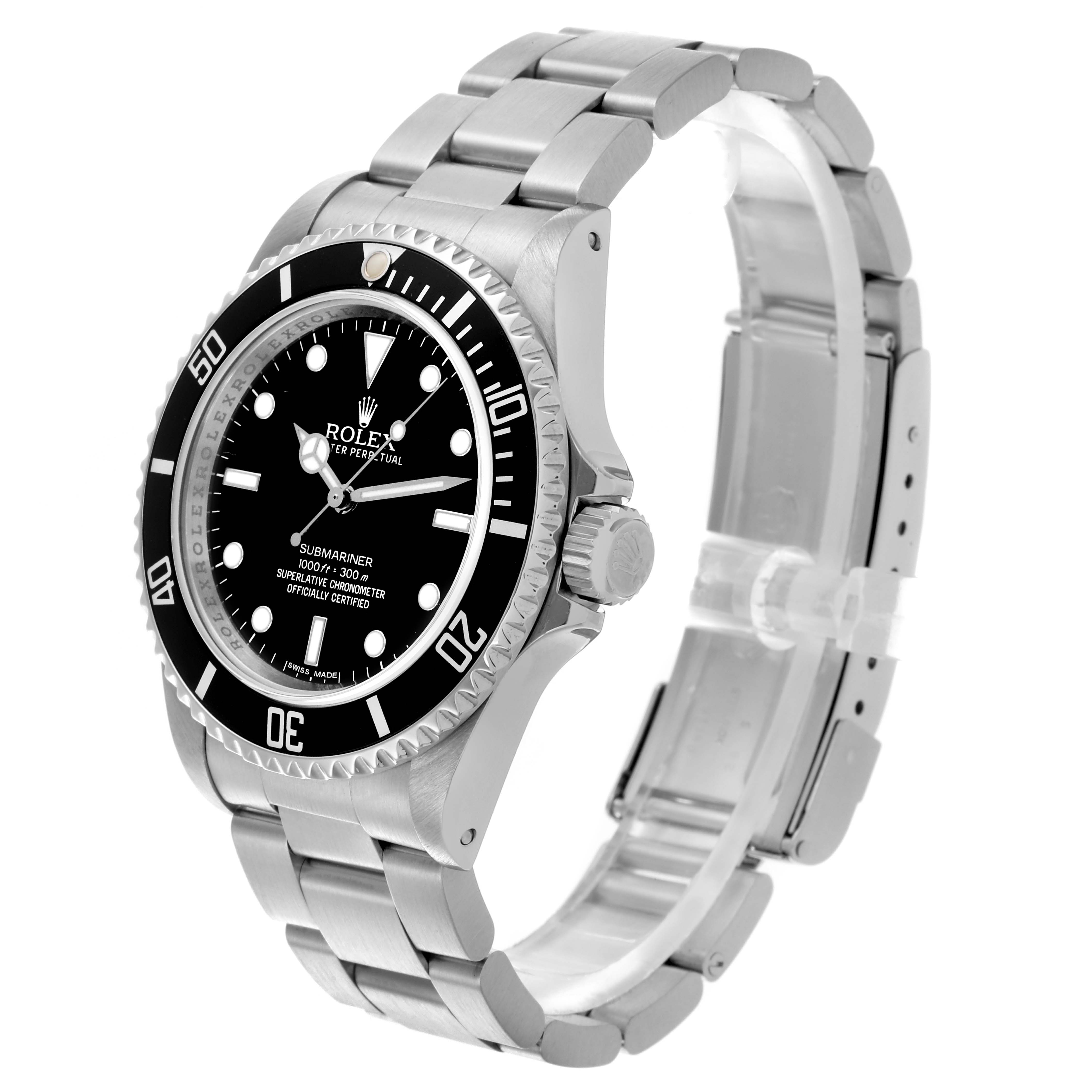 The Rolex Submariner 14060 Men
s Stainless Steel Black Dial 14060 Men
s Stainless Steel Black Dial watch is shown at a three-quarter angle, displaying the bezel, dial, and bracelet.
