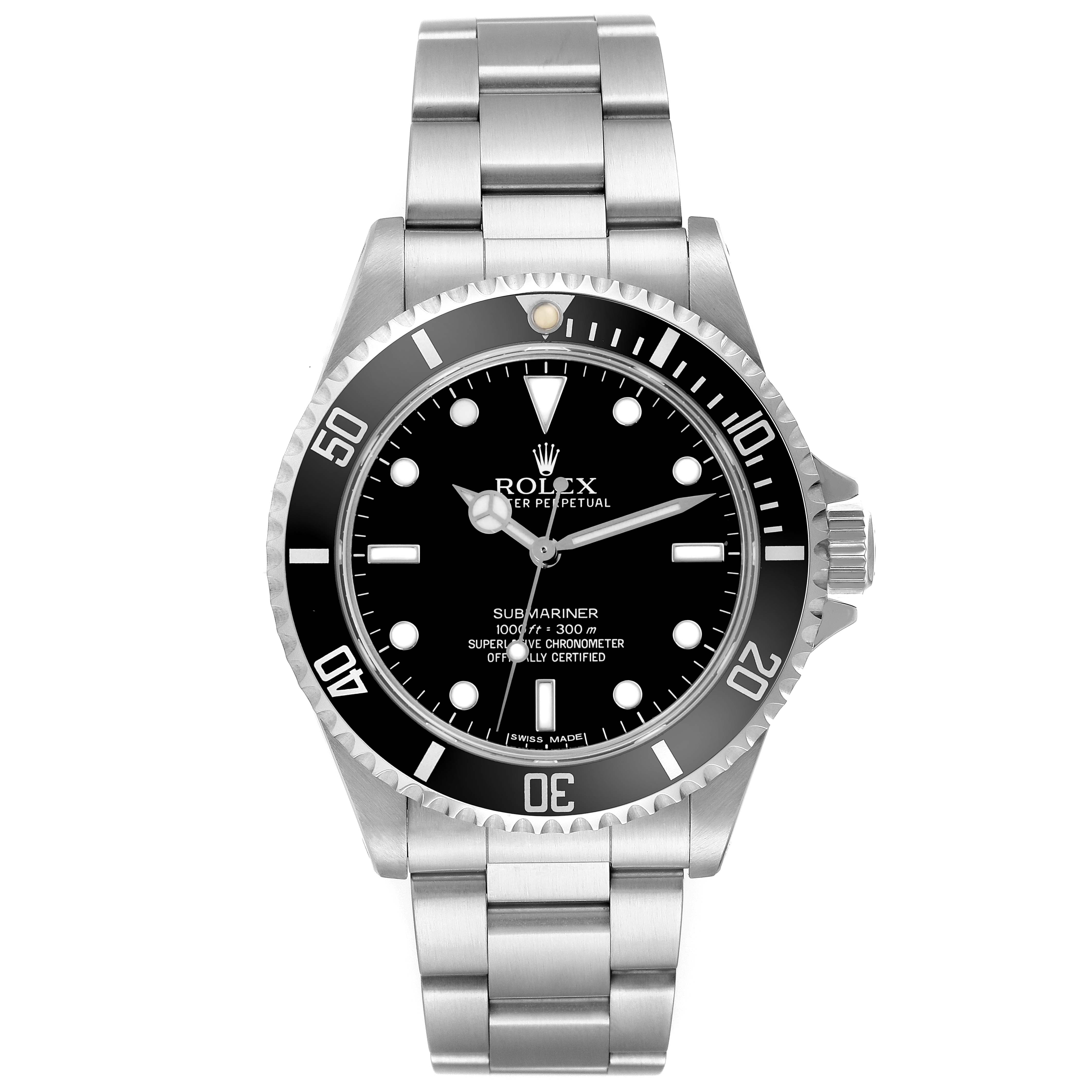 The Rolex Submariner 14060 Men
s Stainless Steel Black Dial 14060 Men
s Stainless Steel Black Dial is shown from a front view, displaying its face, bezel, and bracelet.