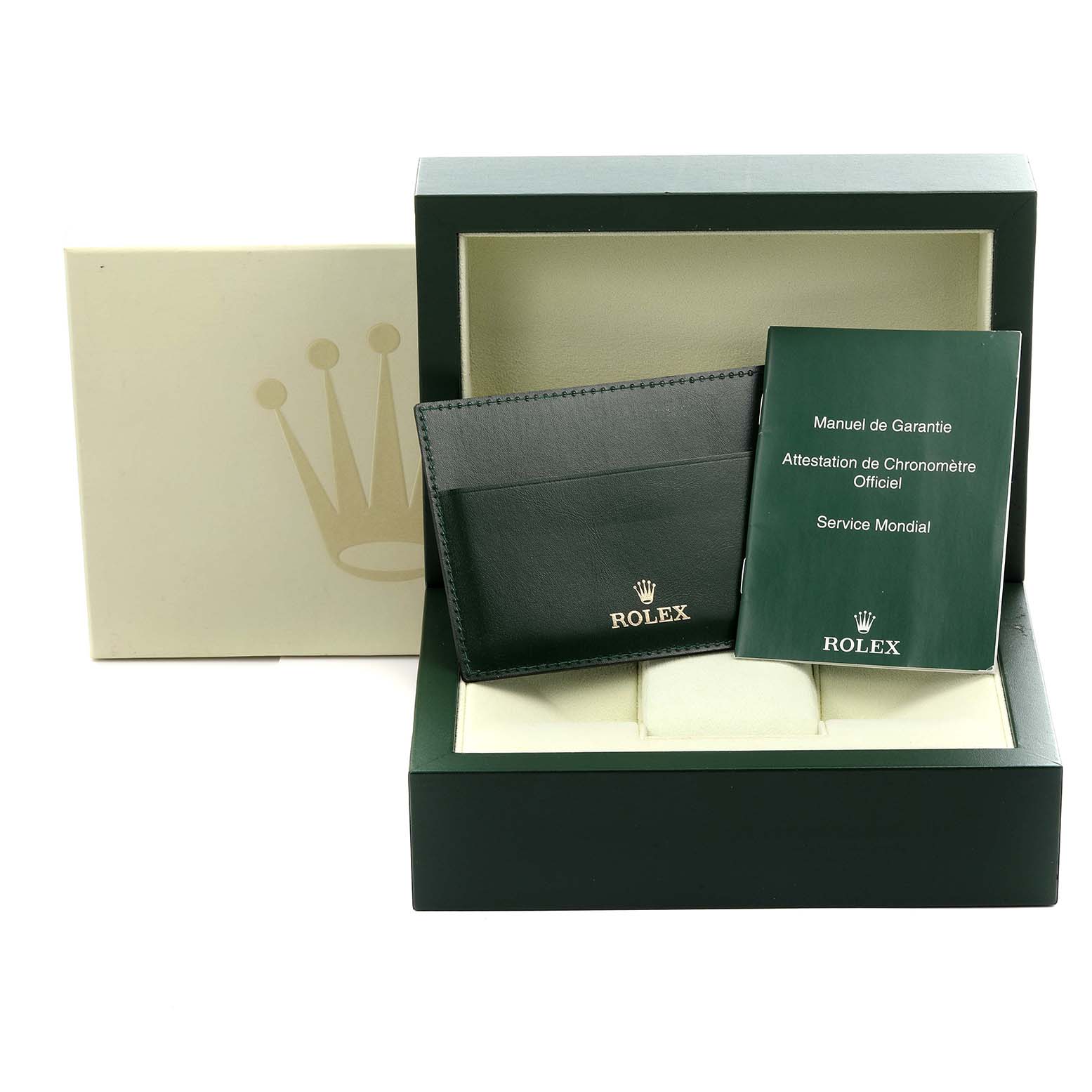 This image shows a Rolex Submariner 14060 Men
s Stainless Steel Black Dial 14060 Men
s Stainless Steel Black Dial watch box, manual, and warranty card holder from a front angle.