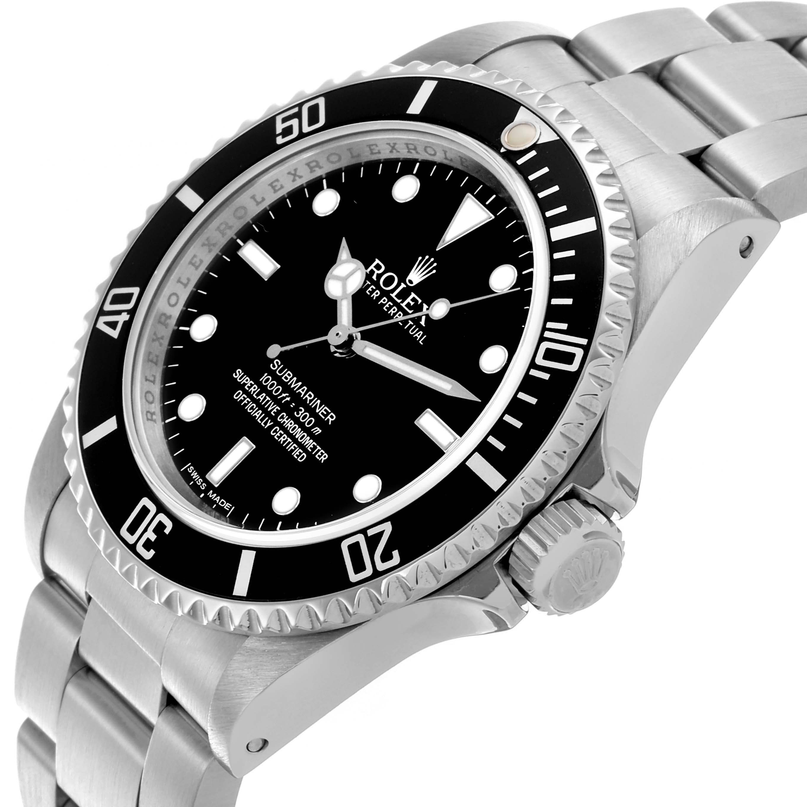 The Rolex Submariner 14060 Men
s Stainless Steel Black Dial 14060 Men
s Stainless Steel Black Dial is shown at a side angle, highlighting its bezel, dial, crown, and part of the bracelet.