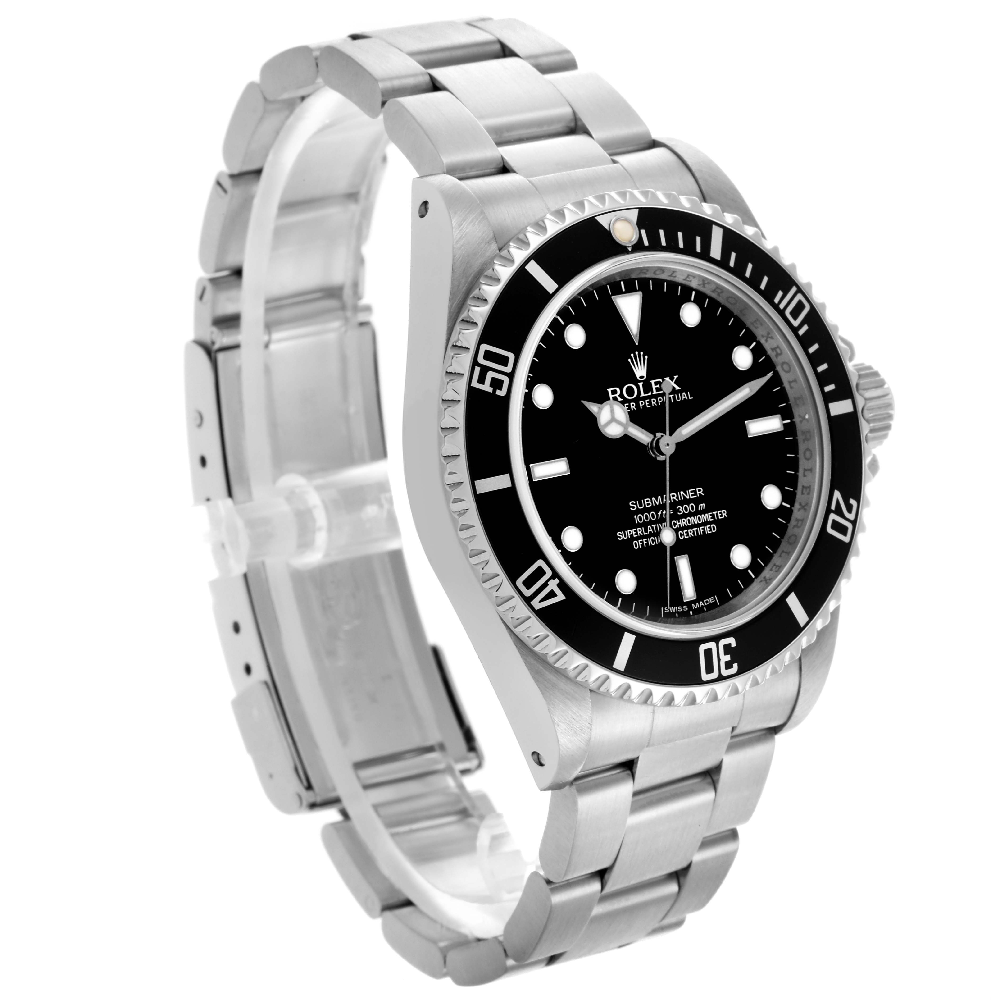The Rolex Submariner 14060 Men
s Stainless Steel Black Dial 14060 Men
s Stainless Steel Black Dial is shown at a three-quarter angle, highlighting the bezel, dial, and stainless steel bracelet.