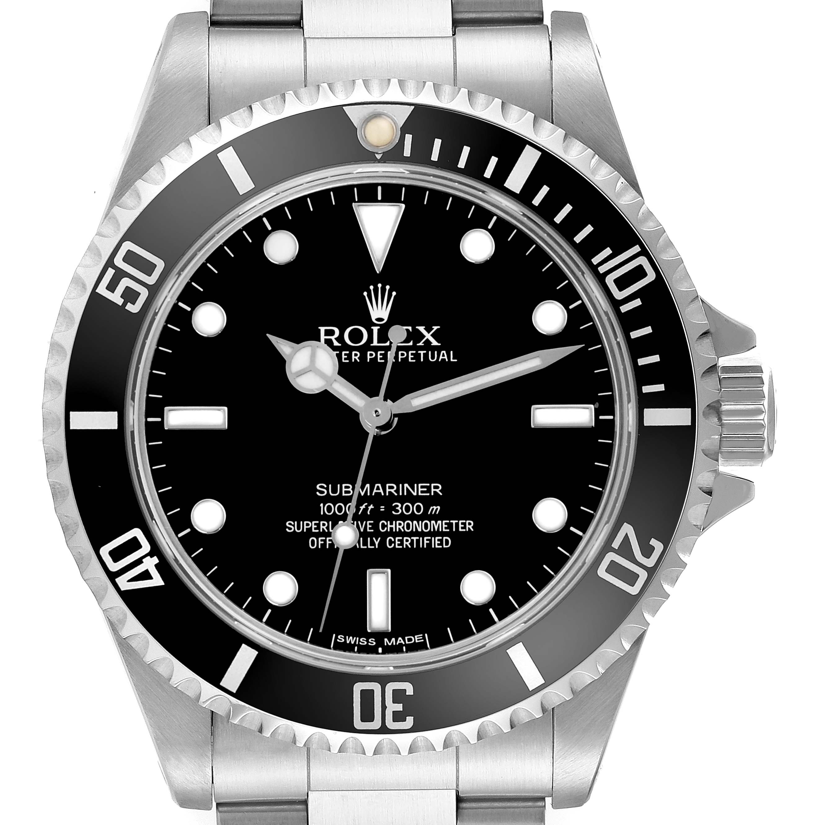 The image shows a front view of the Rolex Submariner 14060 Men
s Stainless Steel Black Dial 14060 Men
s Stainless Steel Black Dial watch, highlighting the dial, bezel, crown, and part of the bracelet.