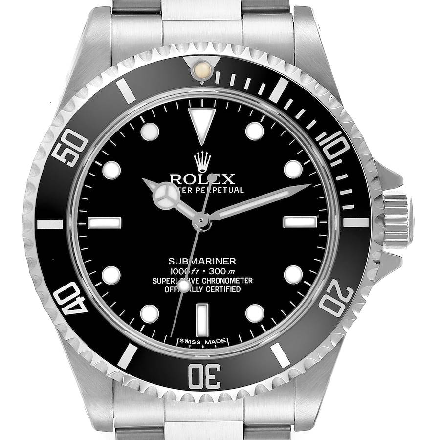 The image shows a front view of the Rolex Submariner watch, highlighting the dial, bezel, crown, and part of the bracelet.