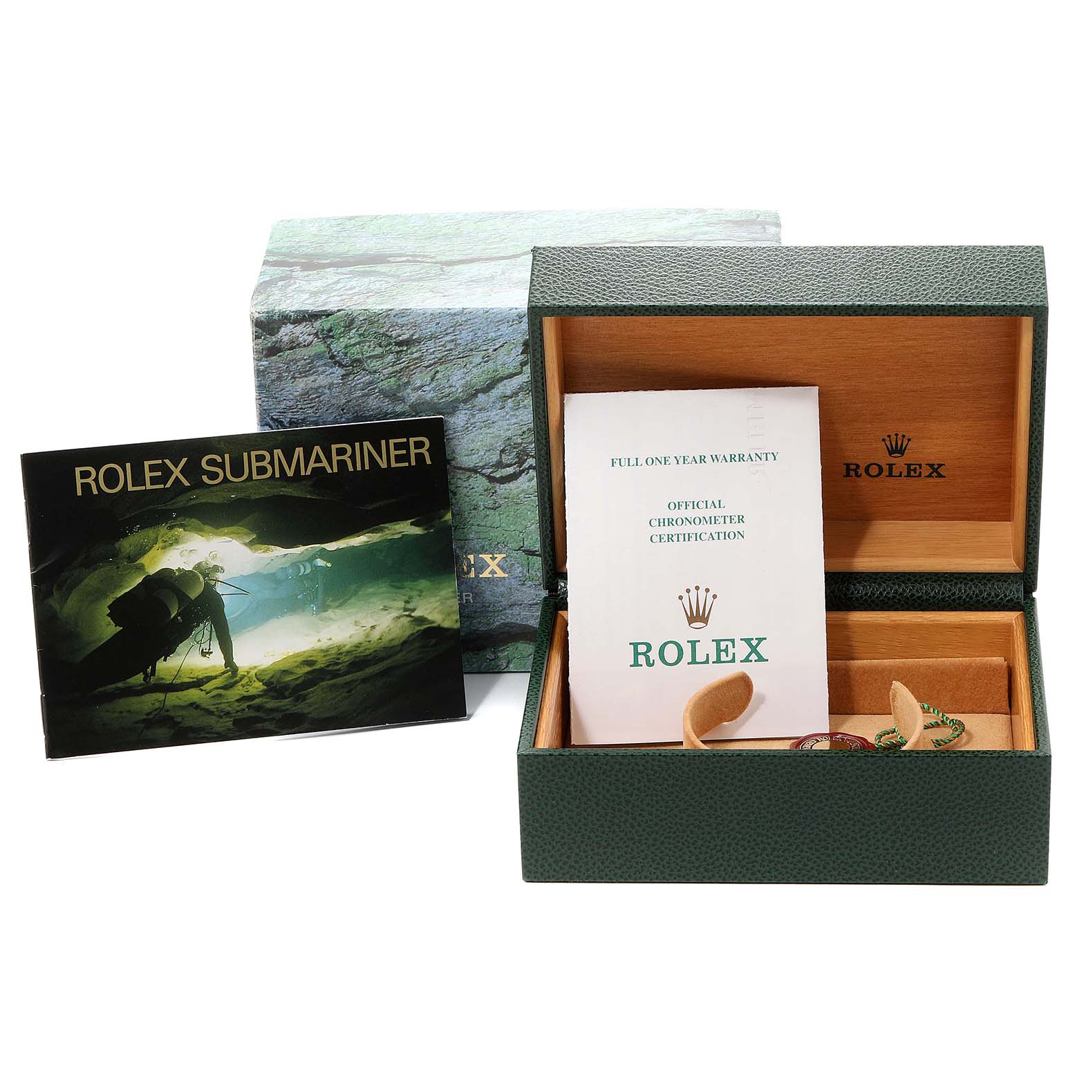 The image shows the box, manual, and certification card for a Rolex Submariner 16613 Men's Steel and Gold (two tone) Blue Dial 16613 Men's Steel and Gold (two tone) Blue Dial watch.