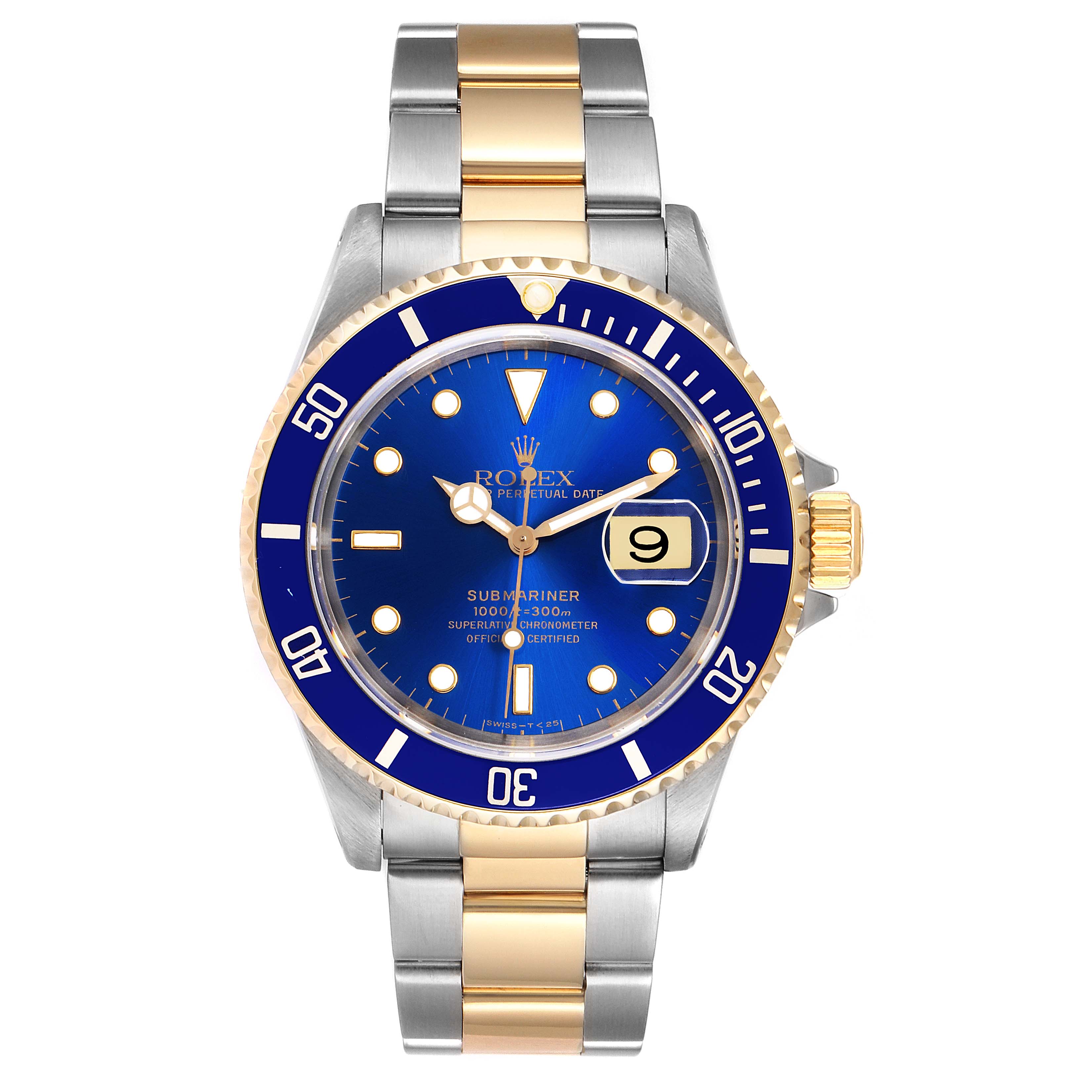 This image shows a front view of the Rolex Submariner 16613 Men's Steel and Gold (two tone) Blue Dial 16613 Men's Steel and Gold (two tone) Blue Dial watch, highlighting its blue dial, bezel, and two-tone metal bracelet.