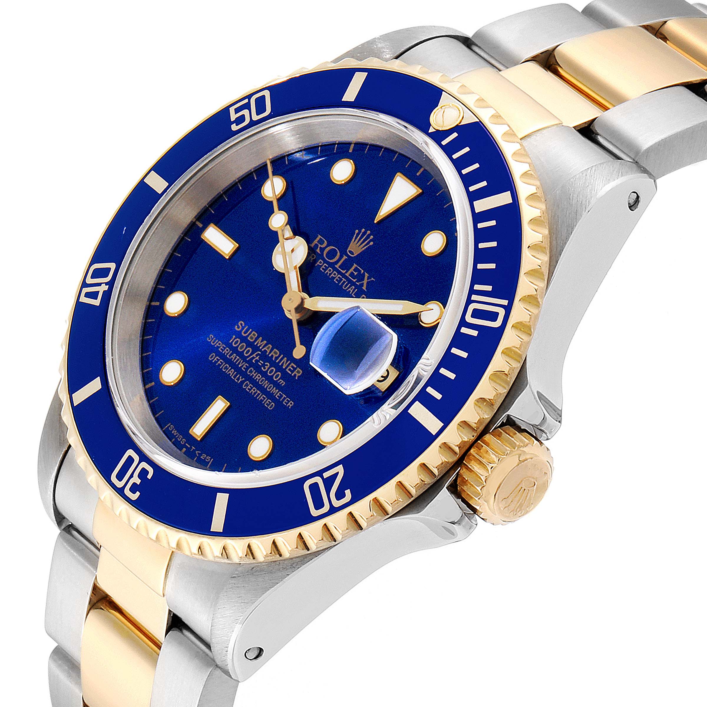 The image shows a Rolex Submariner 16613 Men's Steel and Gold (two tone) Blue Dial 16613 Men's Steel and Gold (two tone) Blue Dial watch at an angled view, highlighting the bezel, crown, and bracelet.