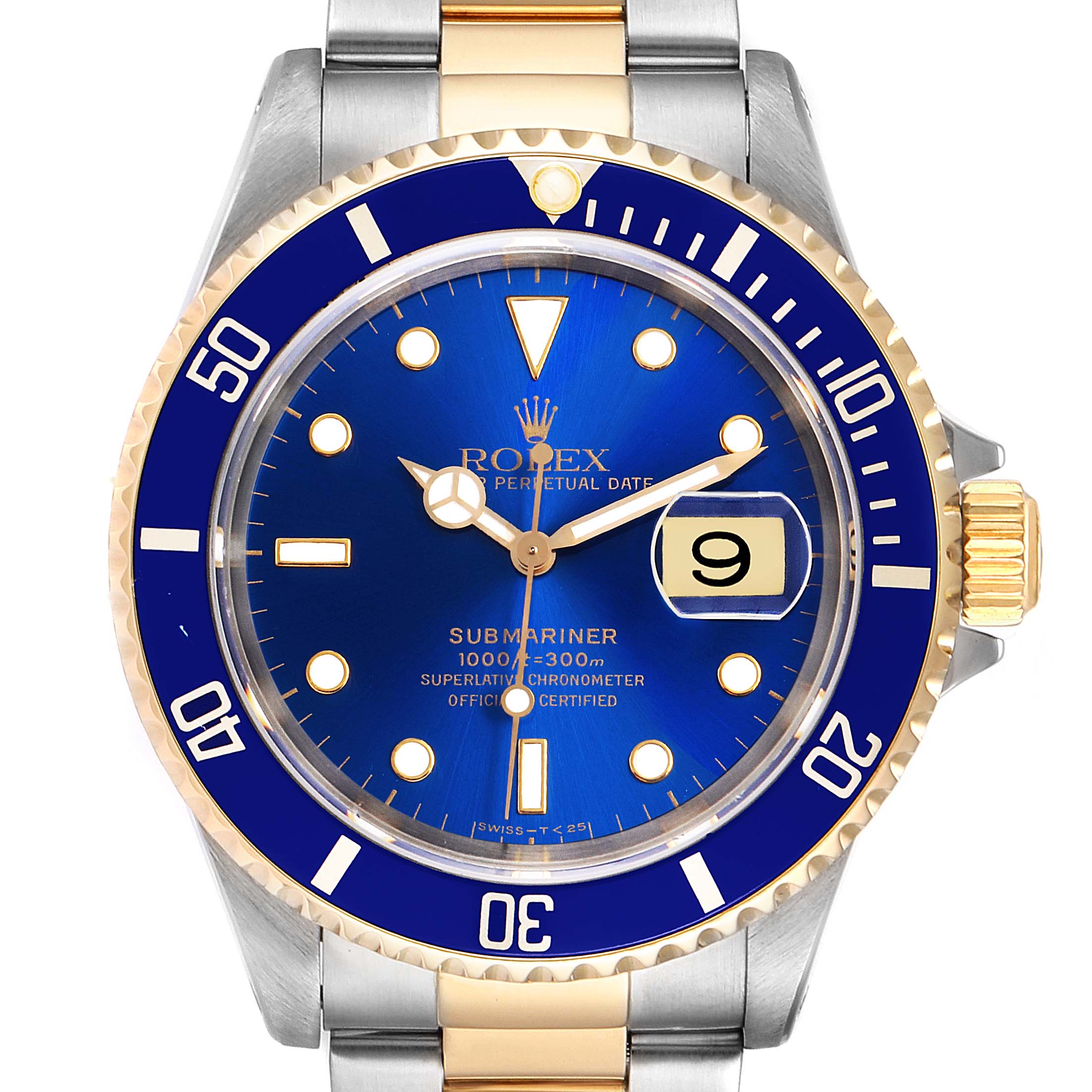 The image shows a front view of a Rolex Submariner 16613 Men's Steel and Gold (two tone) Blue Dial 16613 Men's Steel and Gold (two tone) Blue Dial watch, featuring its blue dial, gold accents, date window, and part of the bracelet.