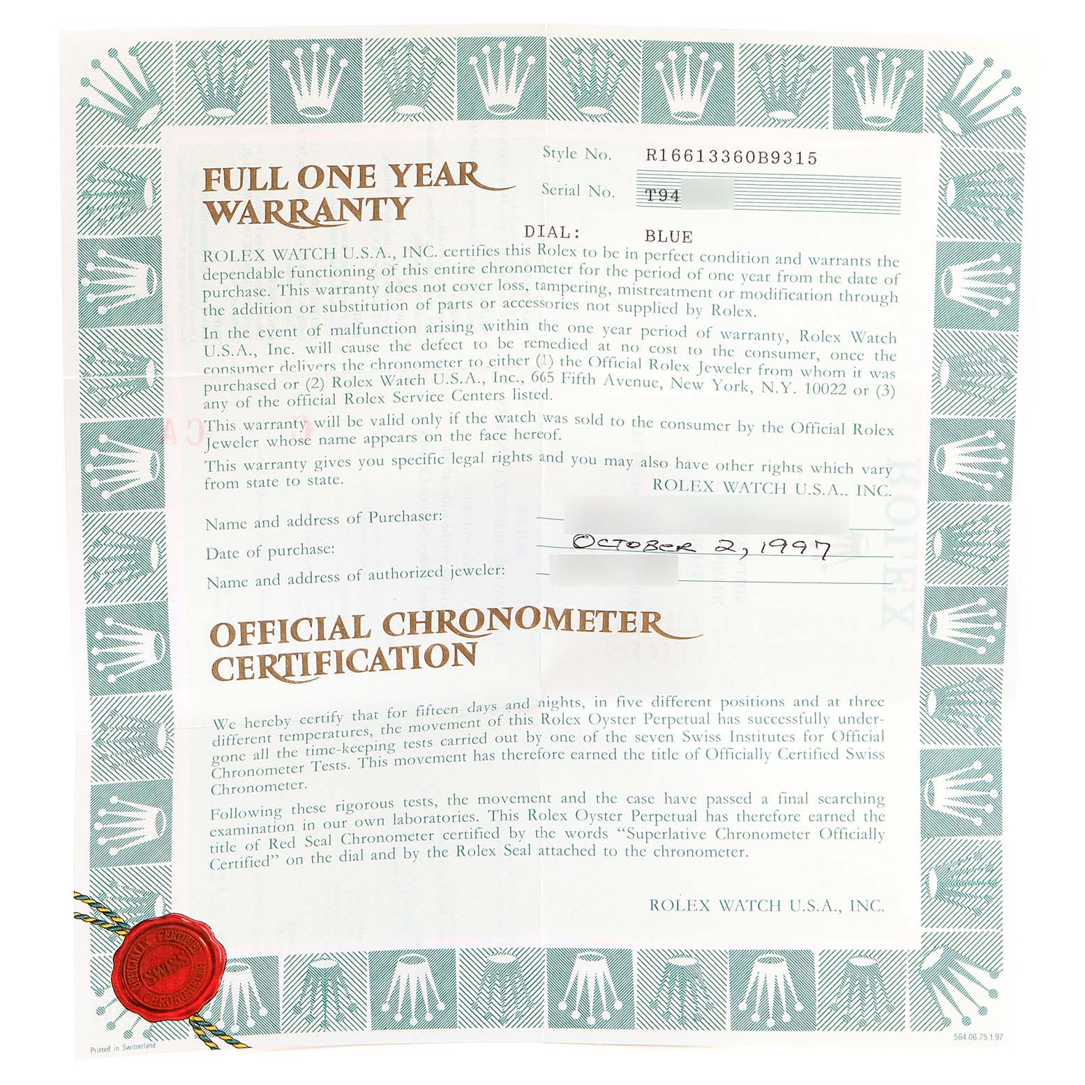 The image shows a full one-year warranty and official chronometer certification for the Rolex Submariner 16613 Men's Steel and Gold (two tone) Blue Dial 16613 Men's Steel and Gold (two tone) Blue Dial model.